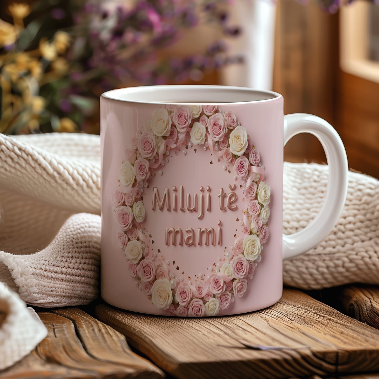 Hrnek Miluji tě mami – romantický věnec z růží na pastelovém pozadí – varianta 44