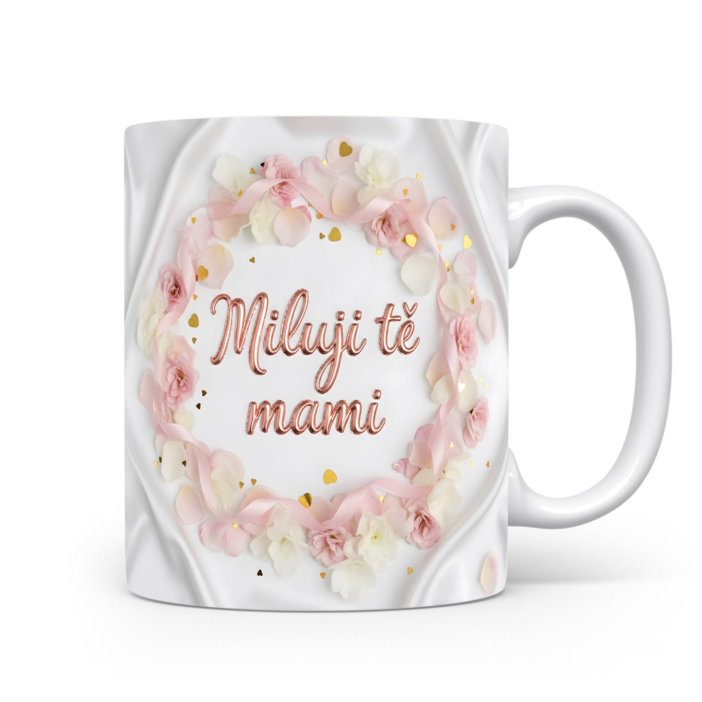 Hrnek Miluji tě mami – romantický květinový věnec na saténovém pozadí – varianta 11