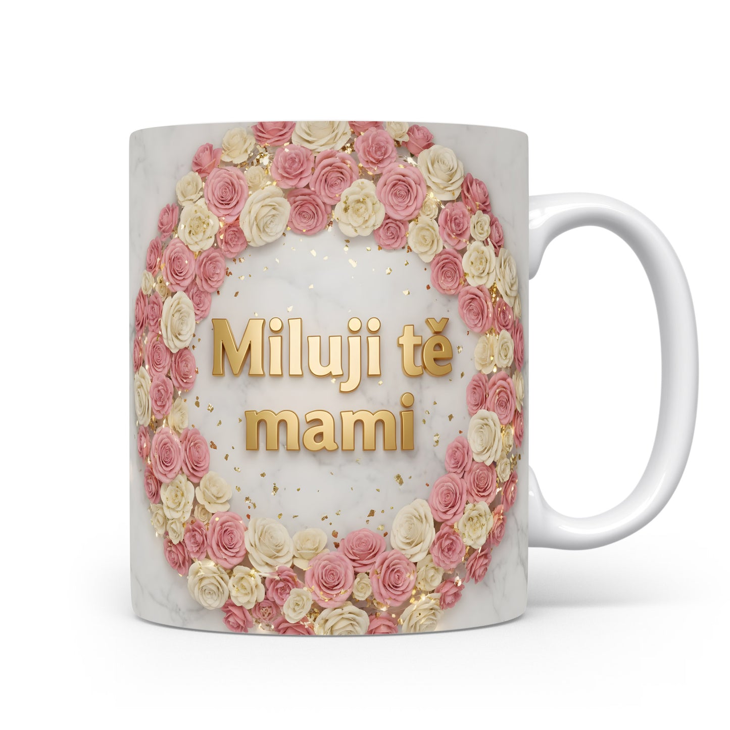 Hrnek Miluji tě mami – květinový věnec na mramorovém pozadí – varianta 11