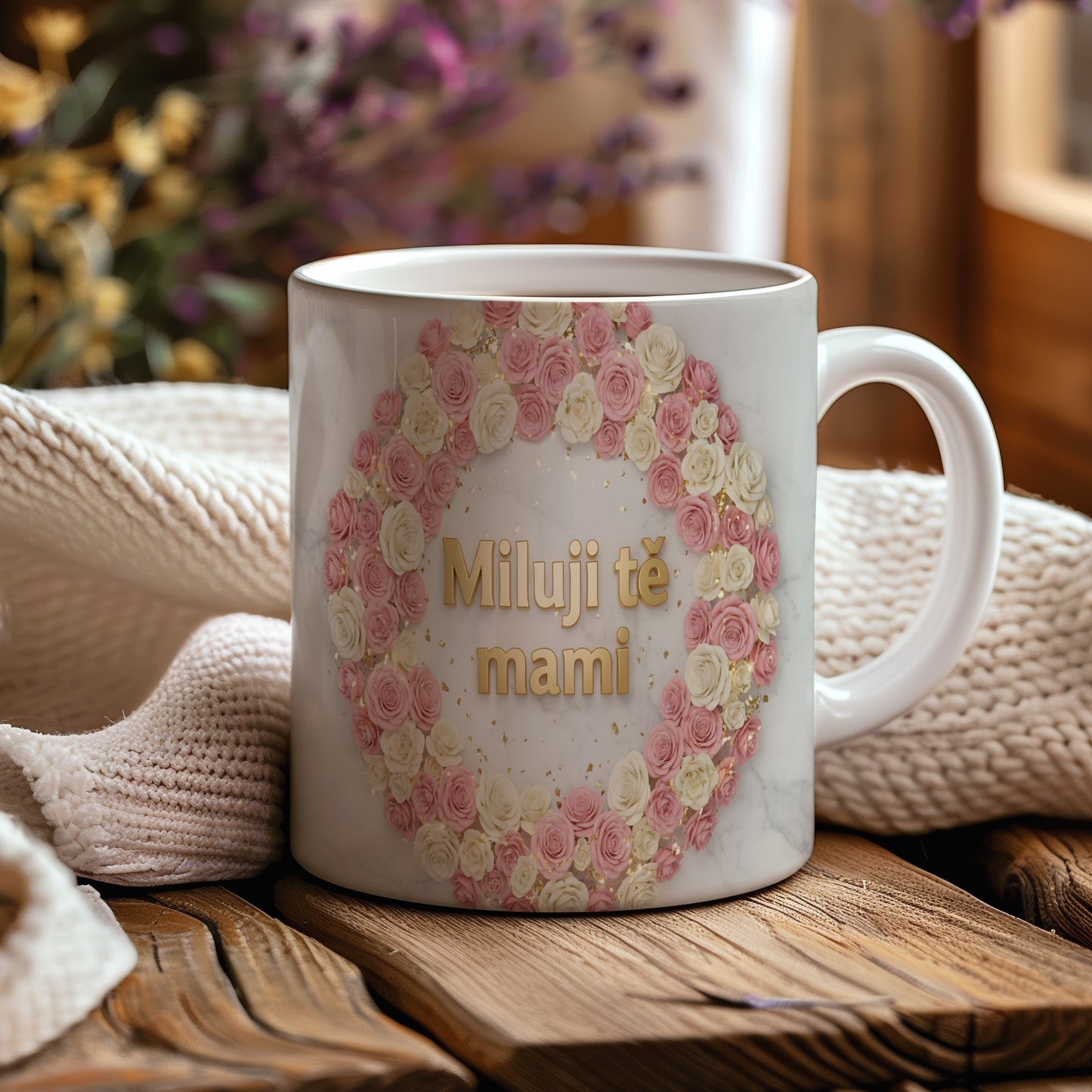 Hrnek Miluji tě mami – květinový věnec na mramorovém pozadí – varianta 44
