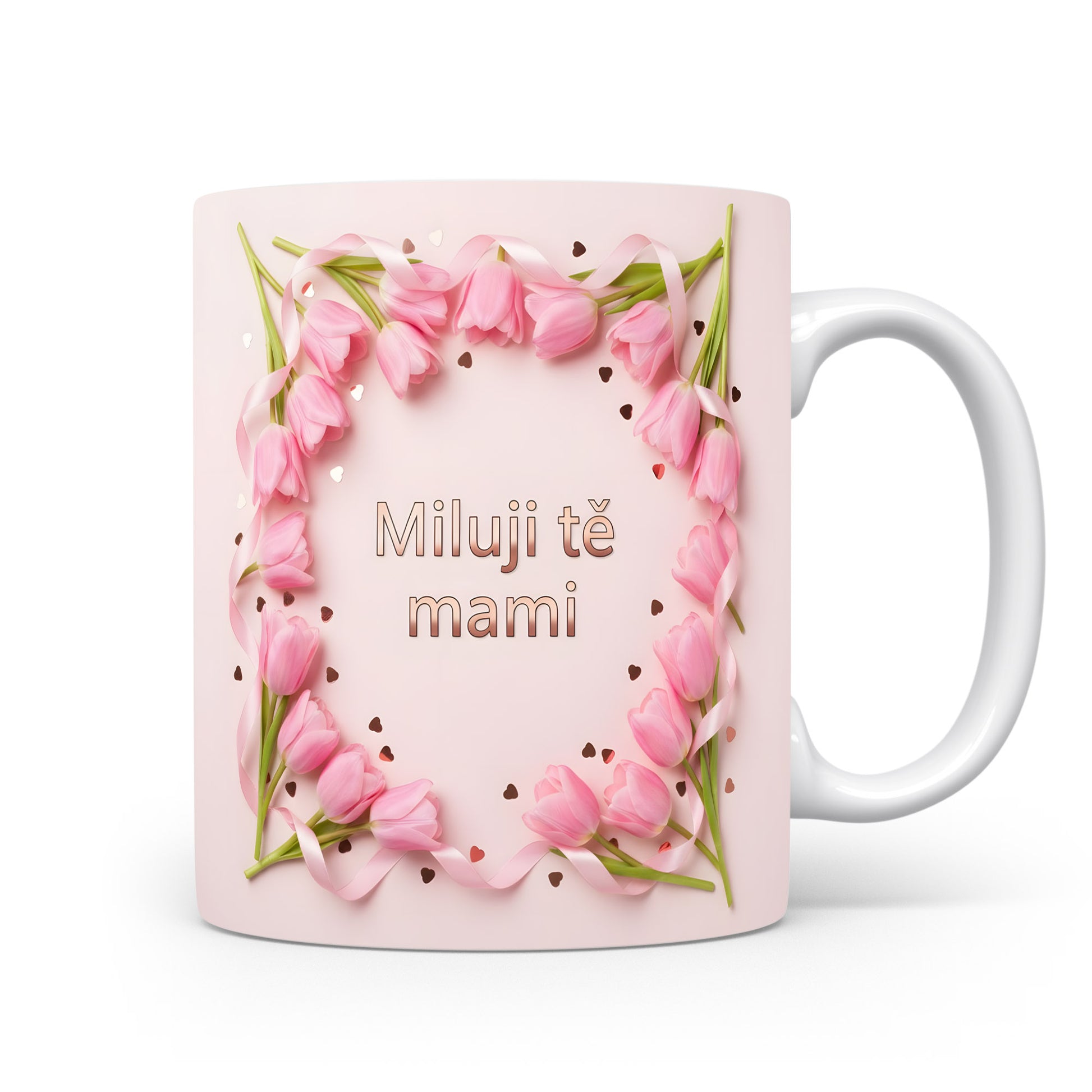 Hrnek Miluji tě mami – růžové tulipány na pastelovém pozadí – varianta 11