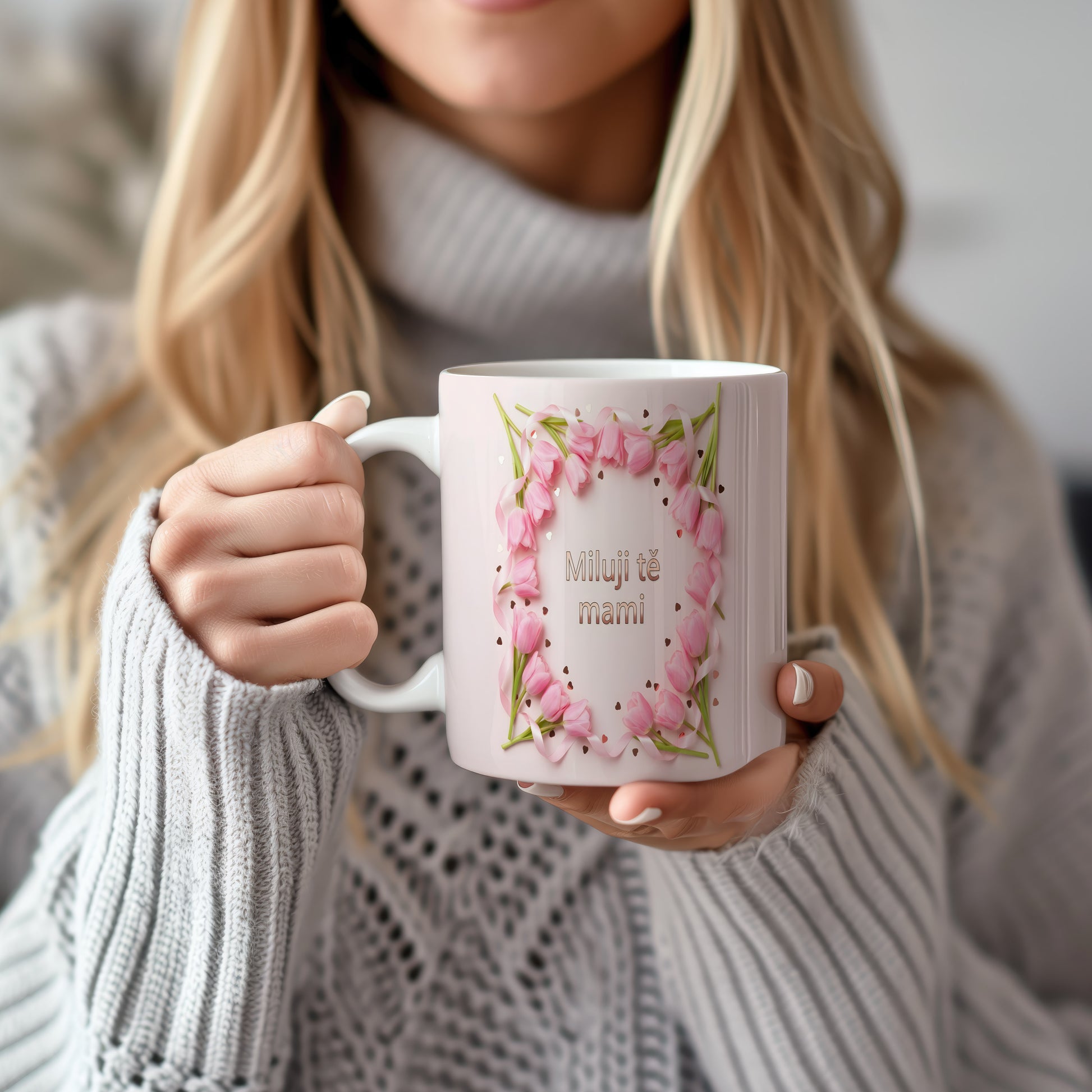 Hrnek Miluji tě mami – růžové tulipány na pastelovém pozadí – varianta 22