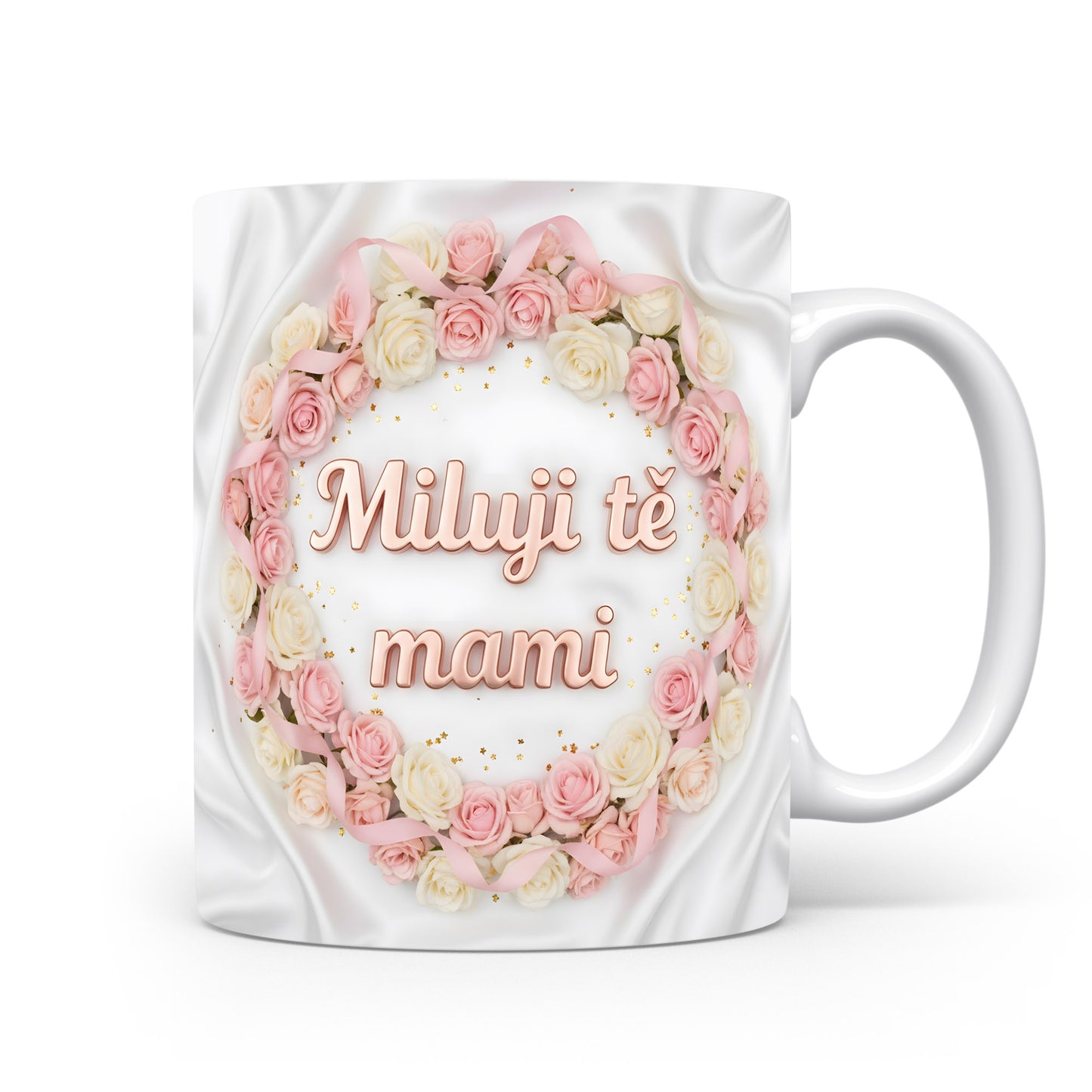 Hrnek Miluji tě mami – růžové růže na saténovém pozadí – varianta 11