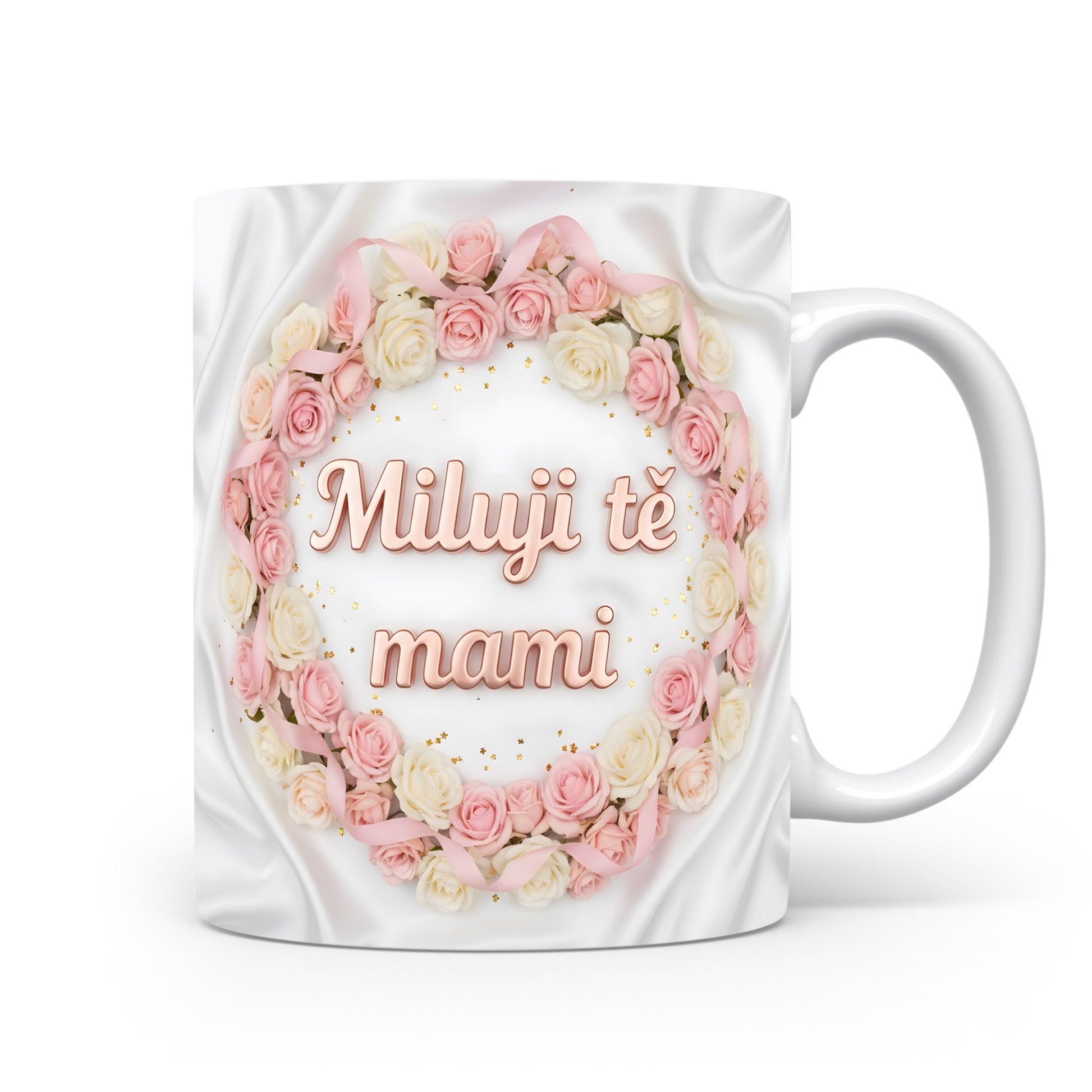 Hrnek Miluji tě mami – růžové růže na saténovém pozadí – varianta 11