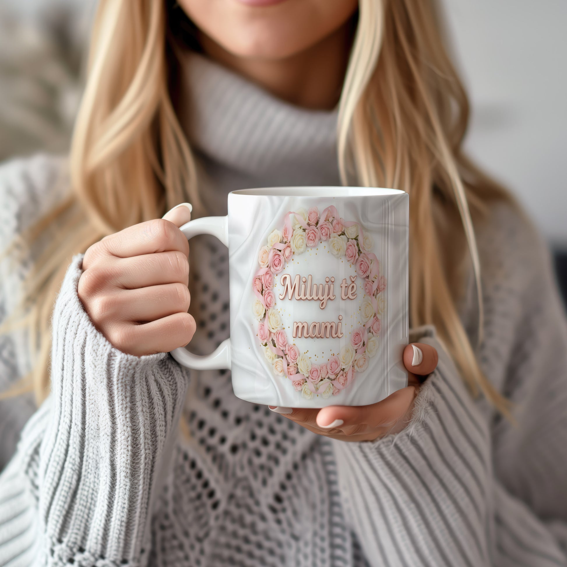 Hrnek Miluji tě mami – růžové růže na saténovém pozadí – varianta 22