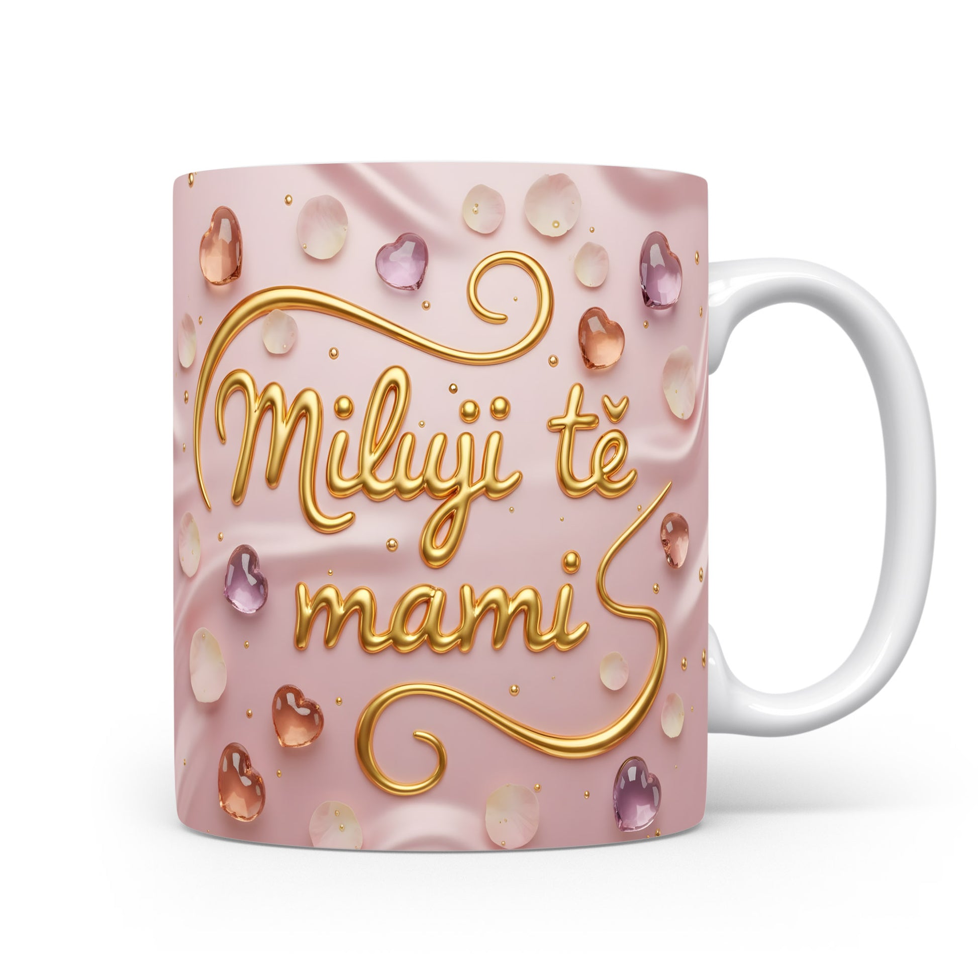 Hrnek Miluji tě mami – zlaté písmo na saténovém pozadí s jemnými srdíčky – varianta 11