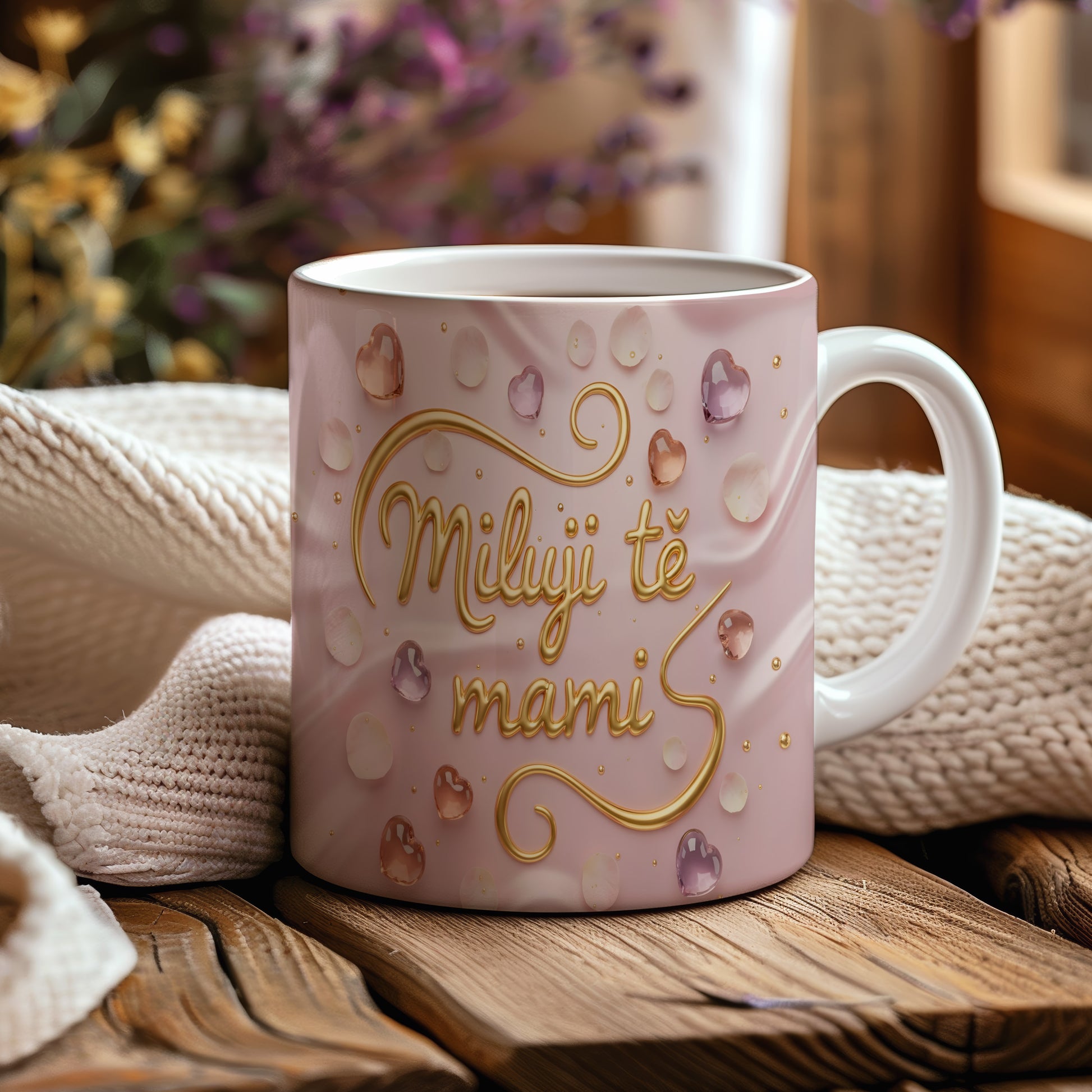 Hrnek Miluji tě mami – zlaté písmo na saténovém pozadí s jemnými srdíčky – varianta 44