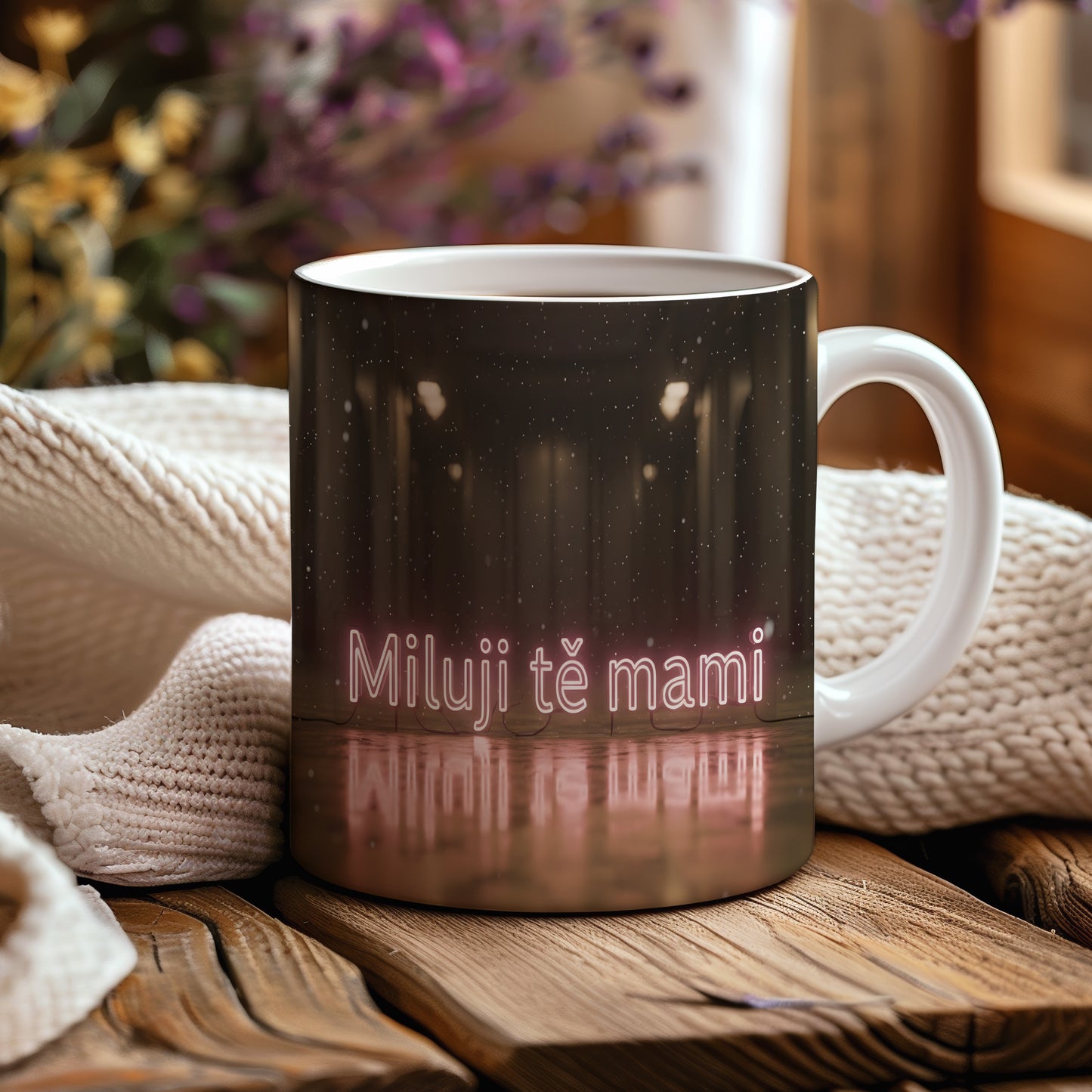 Hrnek Miluji tě mami – neonové písmo na tmavém pozadí – varianta 44