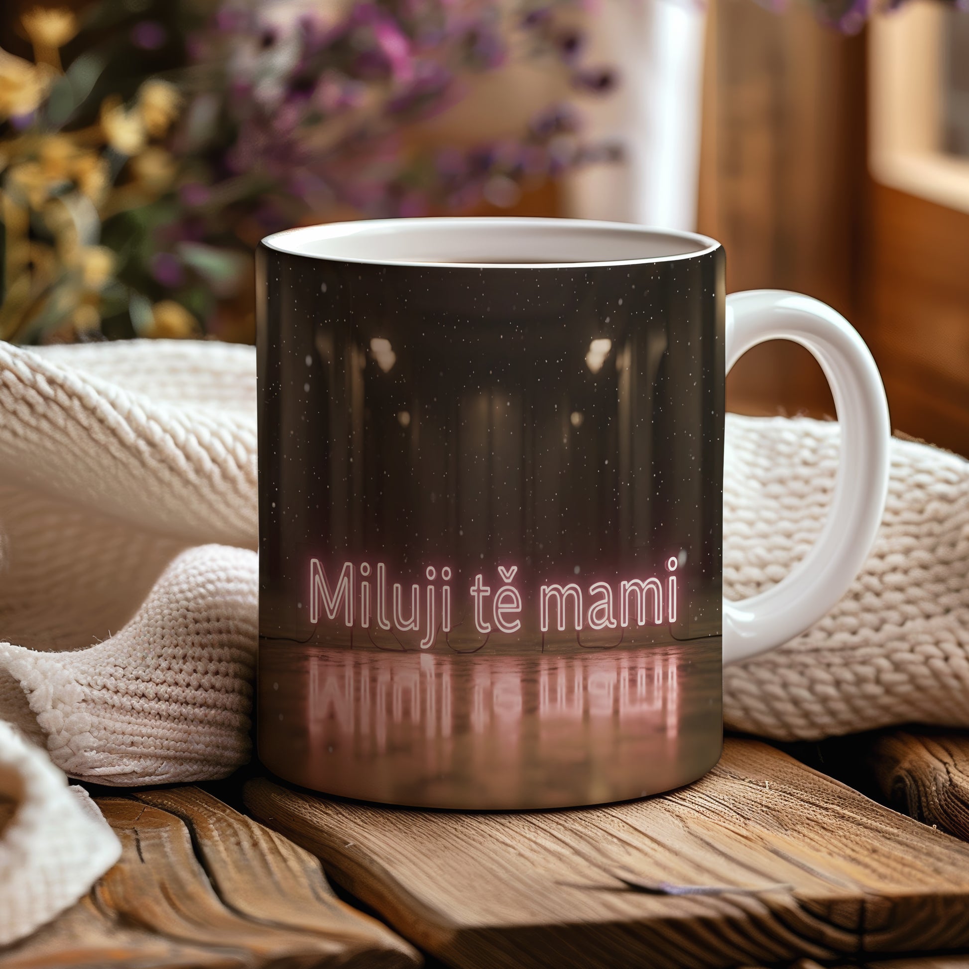Hrnek Miluji tě mami – neonové písmo na tmavém pozadí – varianta 44