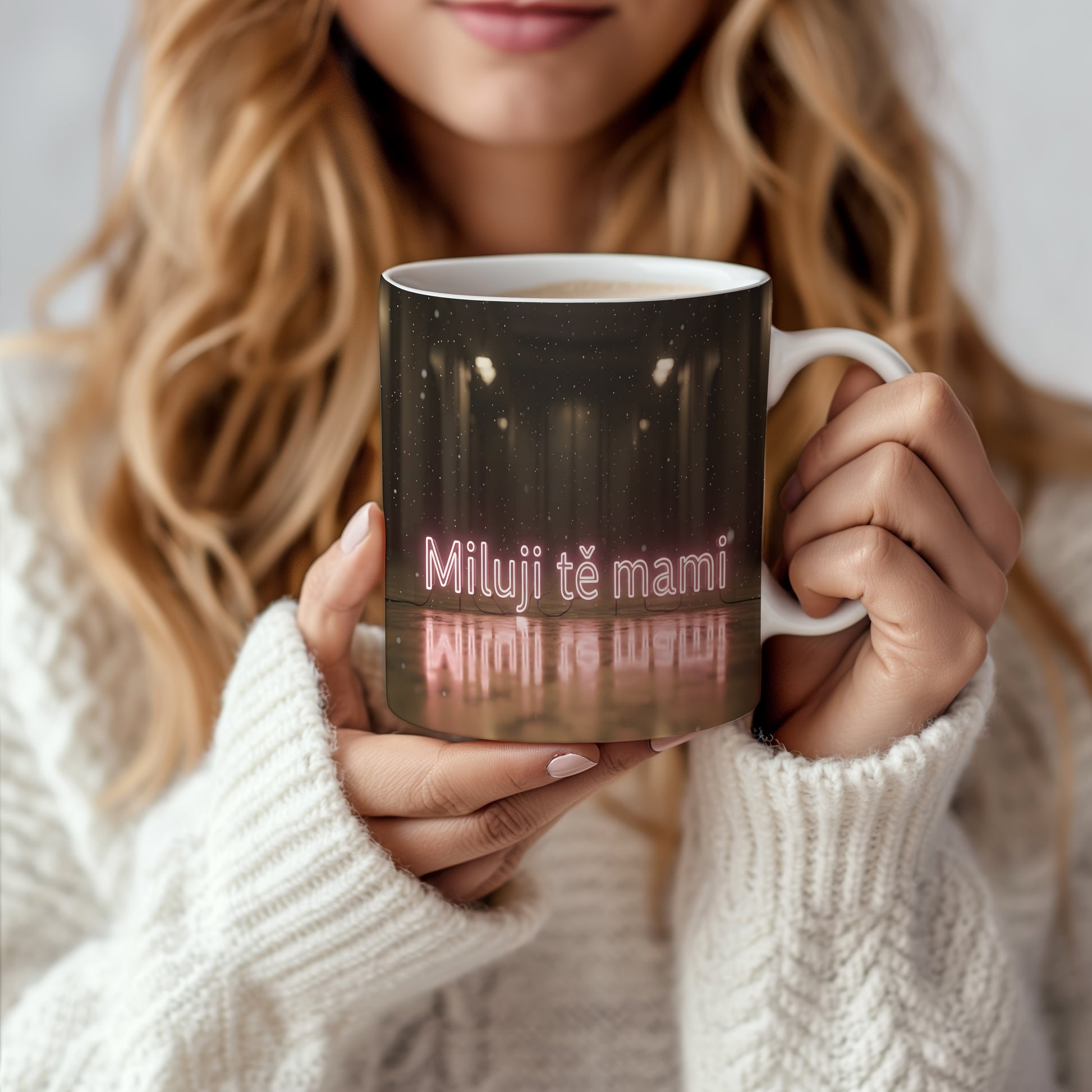 Hrnek Miluji tě mami – neonové písmo na tmavém pozadí – varianta 66