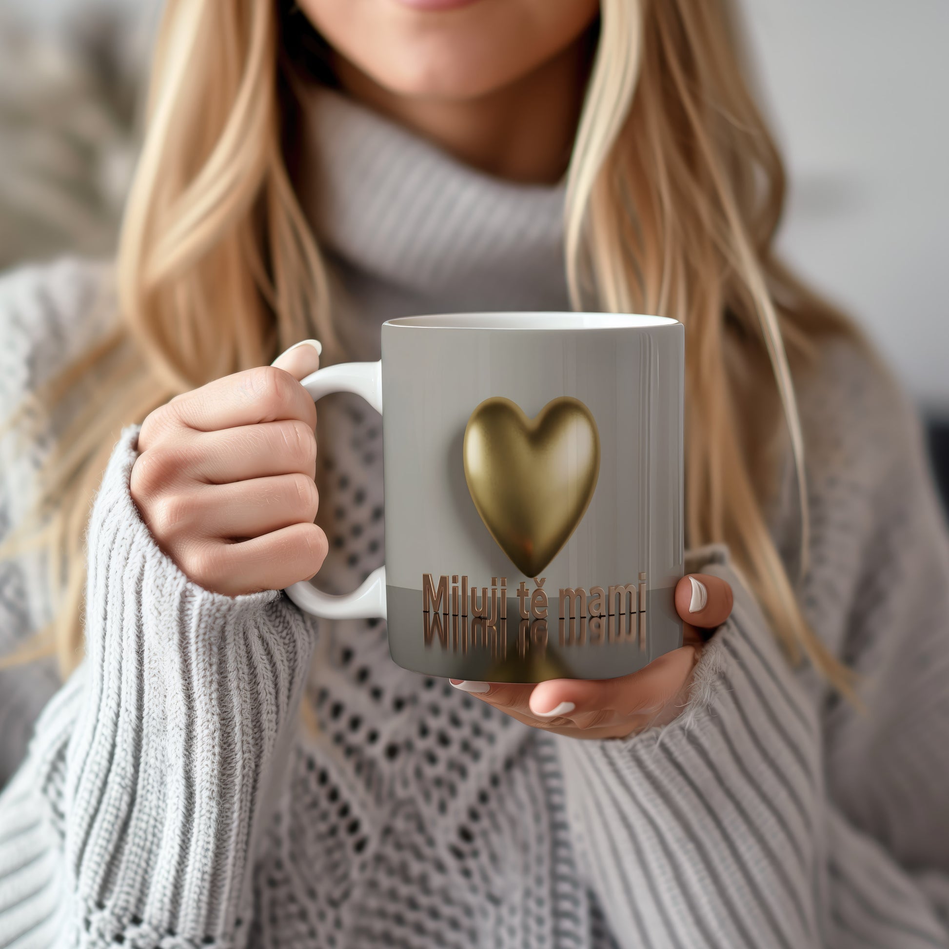 Hrnek Miluji tě mami – zlaté srdce na matném pozadí – varianta 22