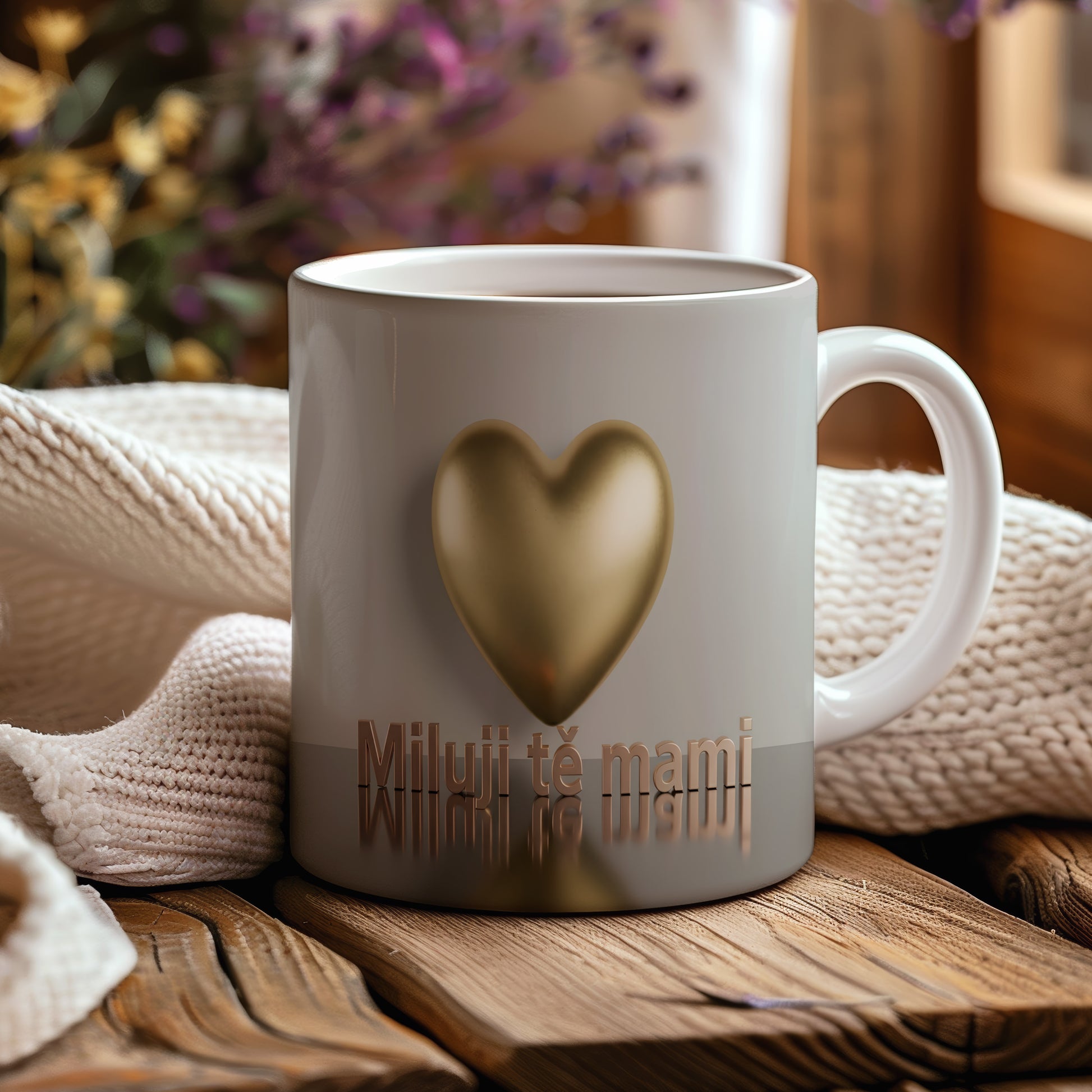 Hrnek Miluji tě mami – zlaté srdce na matném pozadí – varianta 44