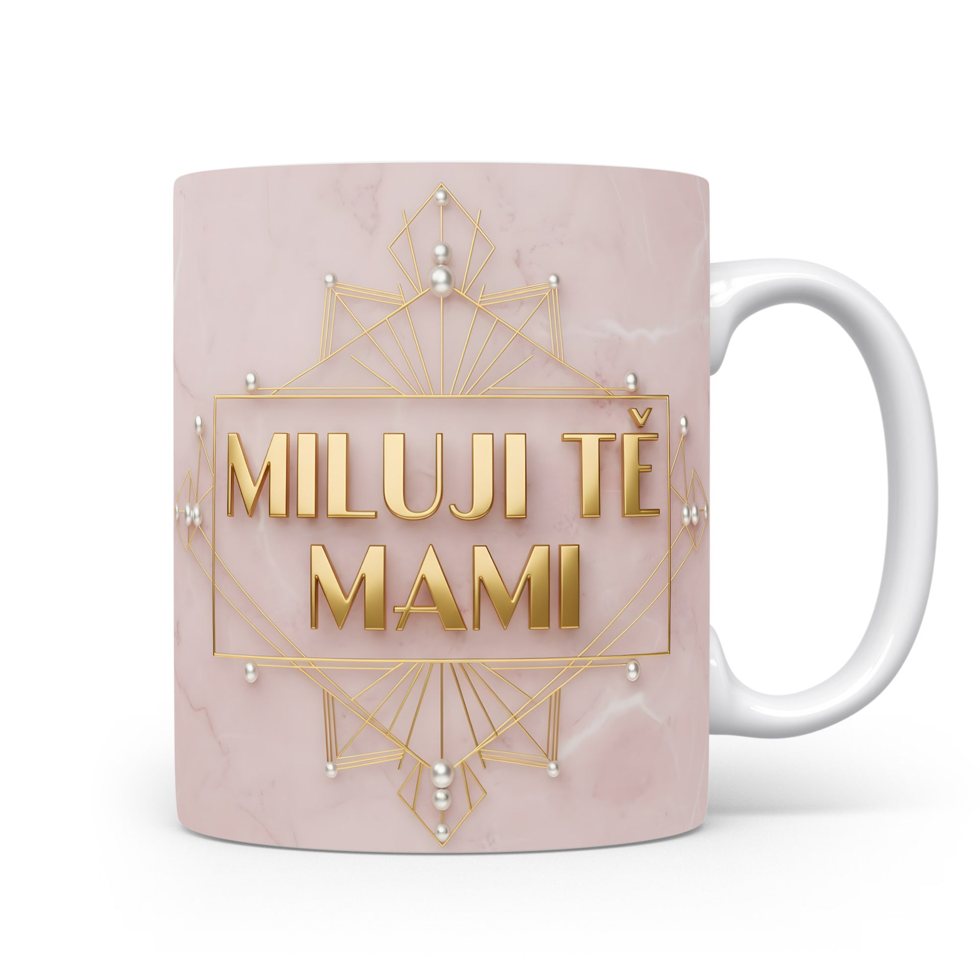 Hrnek Miluji tě mami – zlaté geometrické vzory na růžovém mramoru – varianta 11