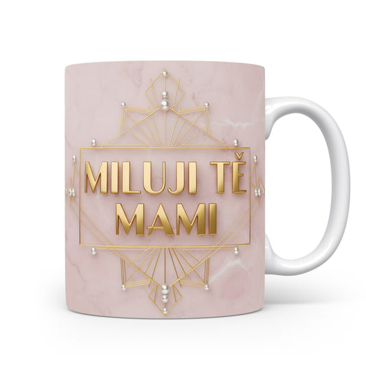 Hrnek Miluji tě mami – zlaté geometrické vzory na růžovém mramoru – varianta 11