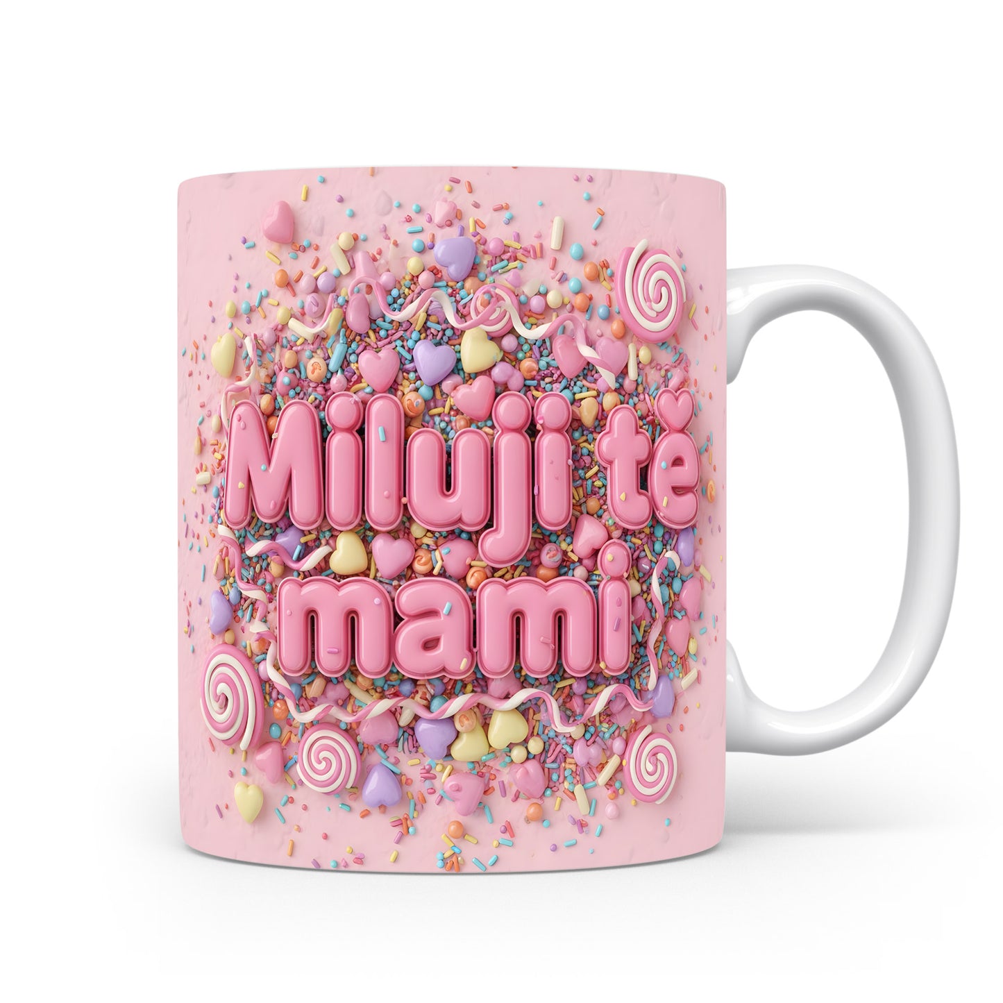 Hrnek Miluji tě mami – pastelová srdíčka a cukrové zdobení – varianta 11