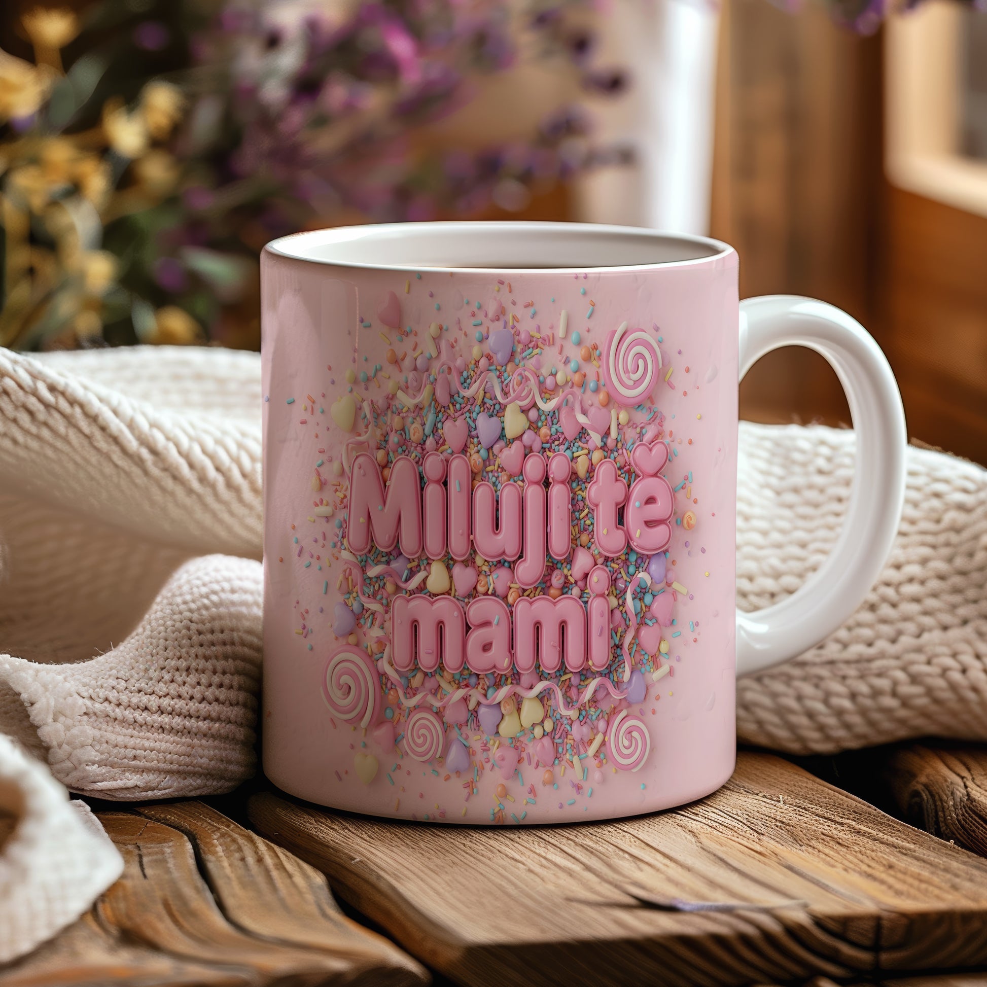 Hrnek Miluji tě mami – pastelová srdíčka a cukrové zdobení – varianta 44