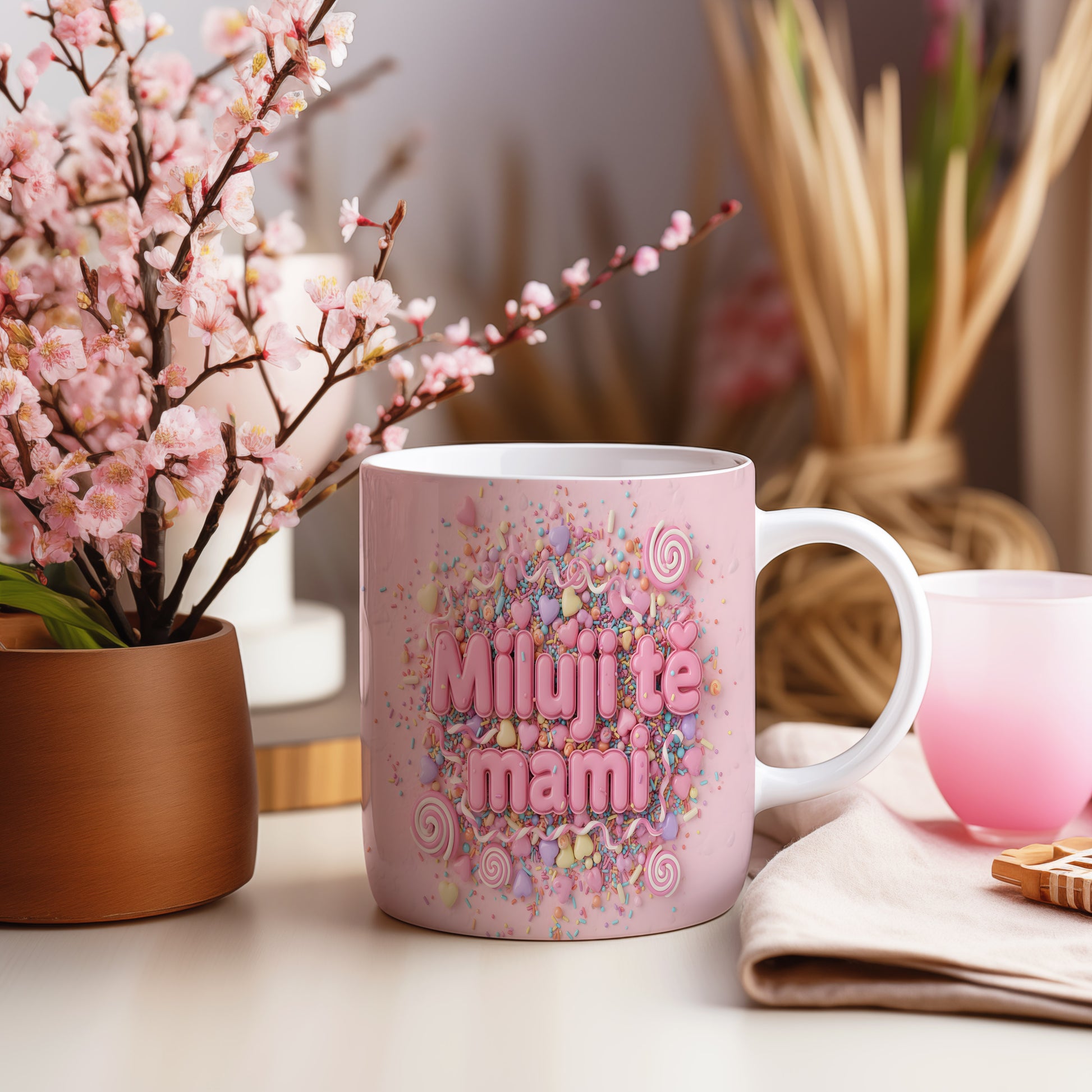 Hrnek Miluji tě mami – pastelová srdíčka a cukrové zdobení – varianta 55