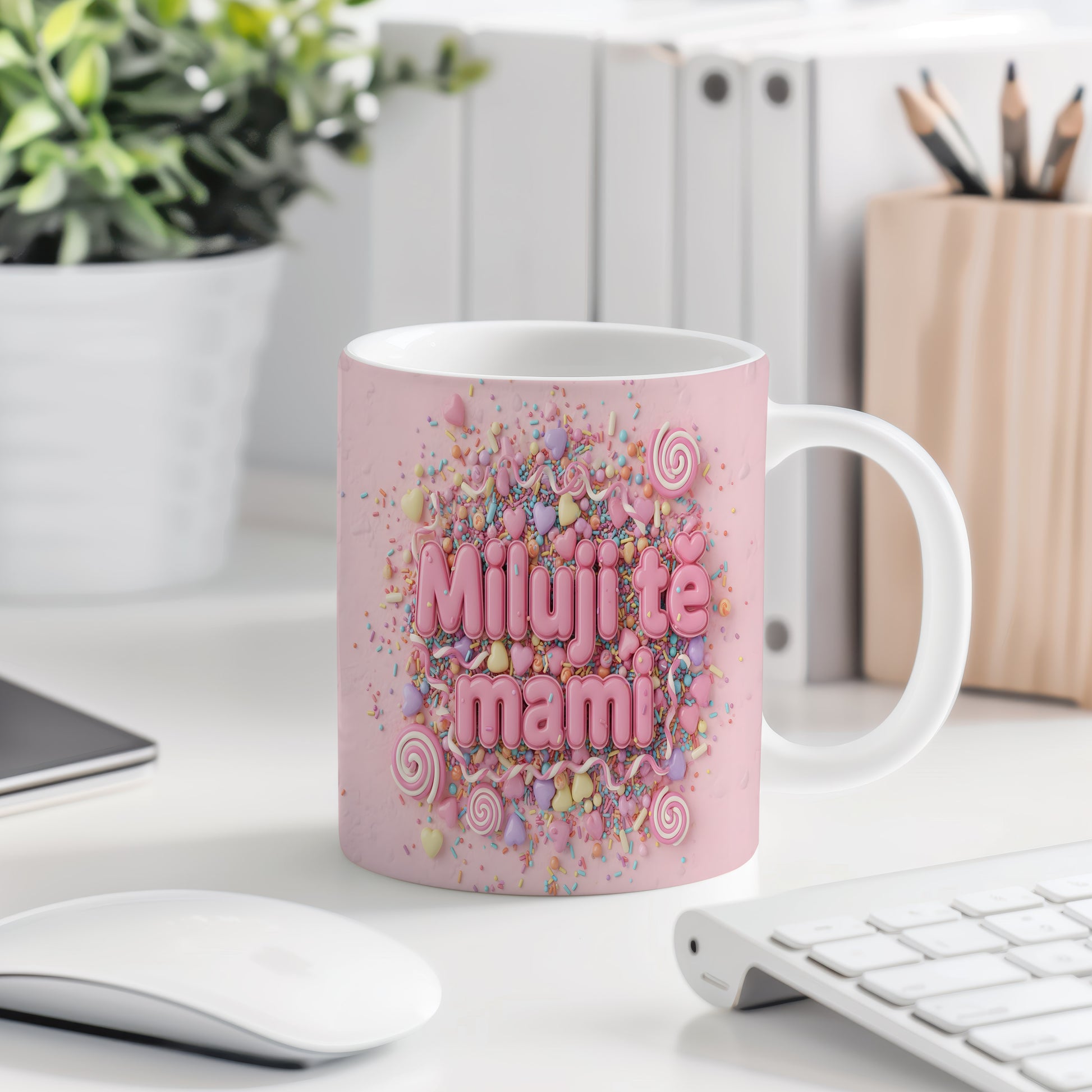 Hrnek Miluji tě mami – pastelová srdíčka a cukrové zdobení – varianta 77