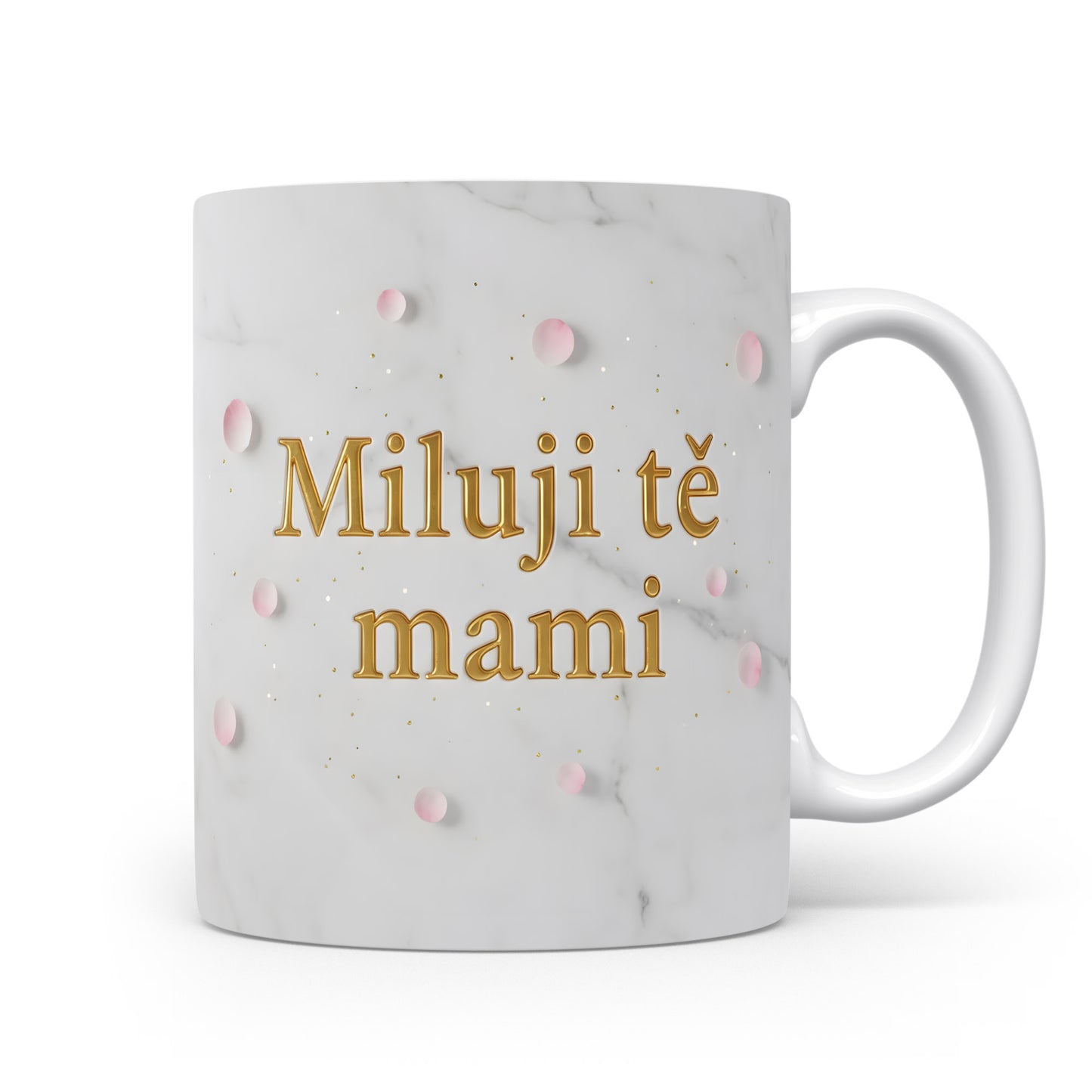 Hrnek Miluji tě mami – zlaté tečky na mramorovém pozadí s růžovými puntíky – varianta 11