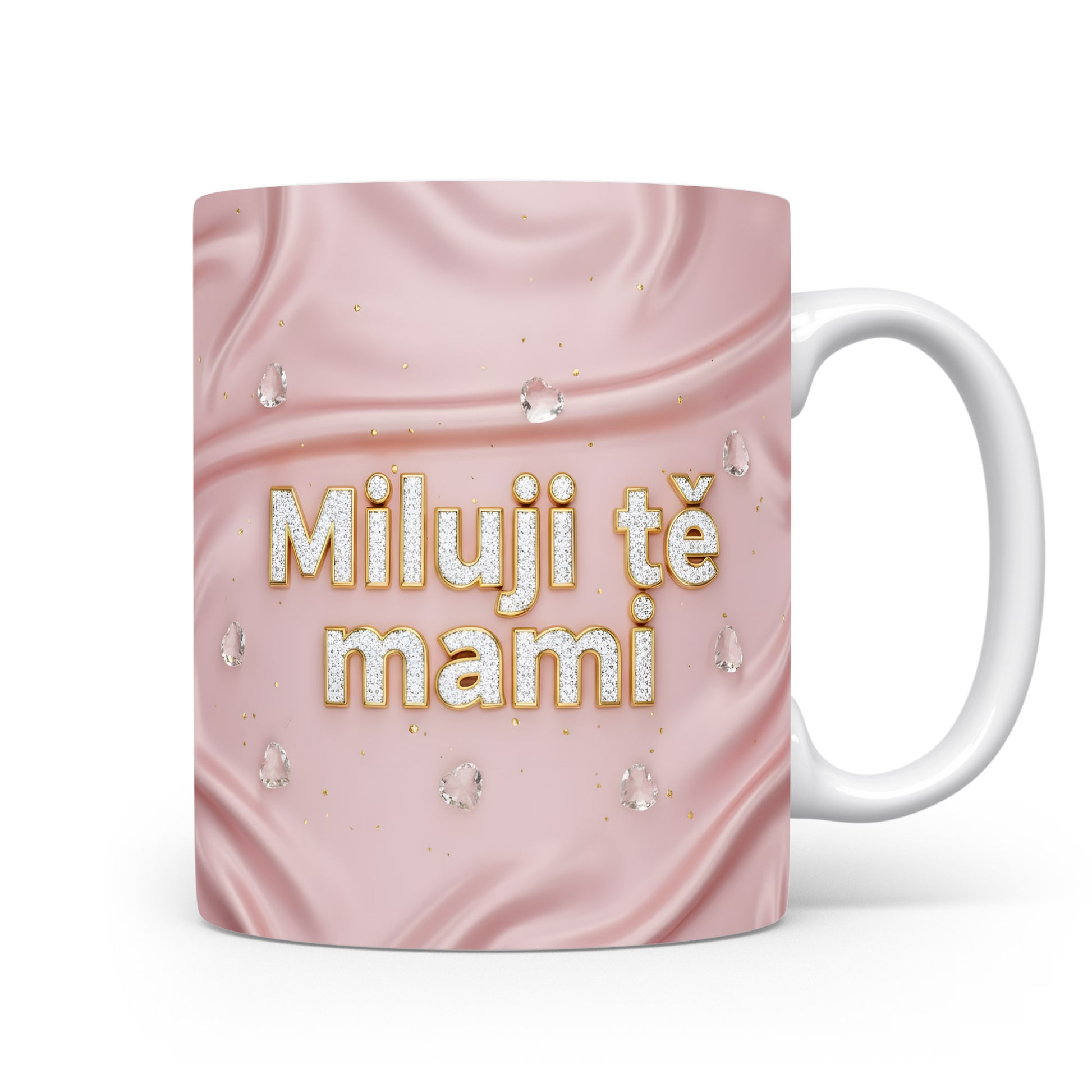 Hrnek Miluji tě mami – hedvábné růžové vlny s třpytivými krystaly – varianta 11