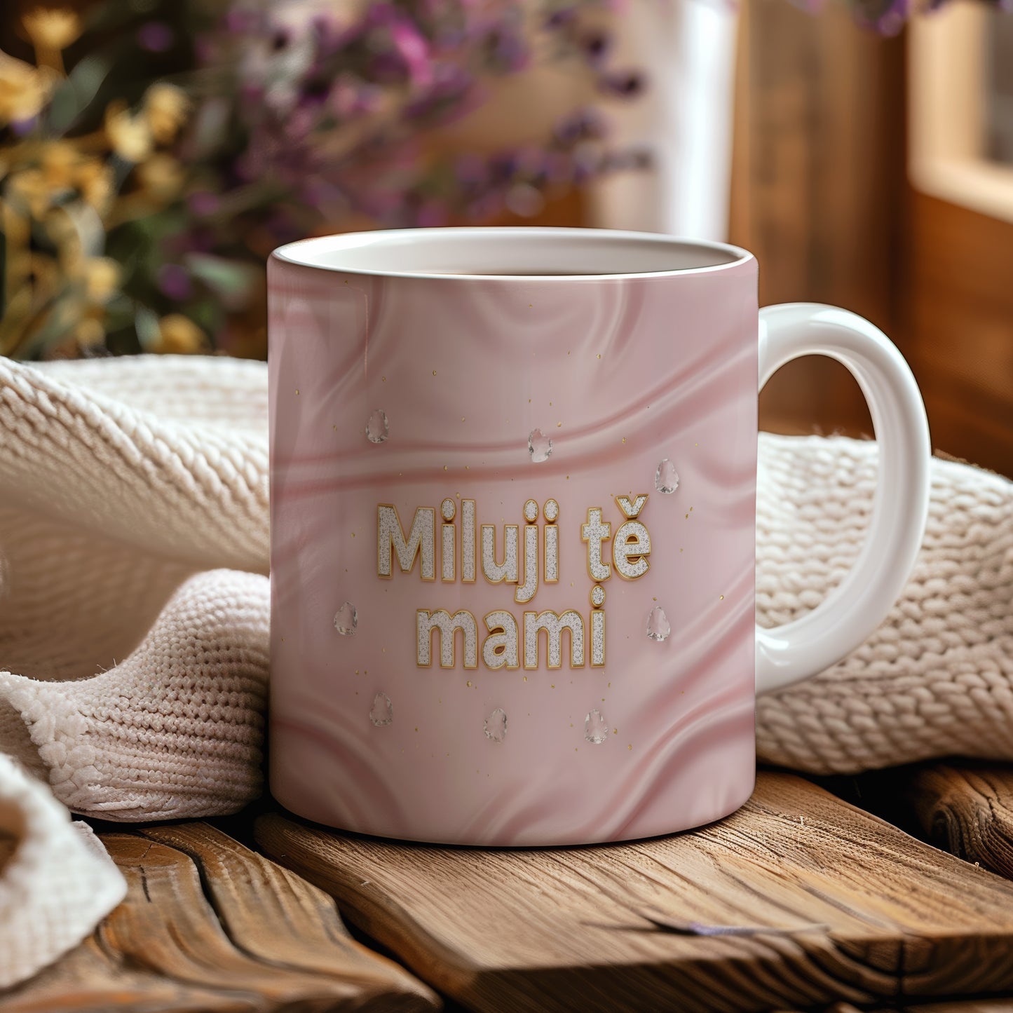 Hrnek Miluji tě mami – hedvábné růžové vlny s třpytivými krystaly – varianta 44