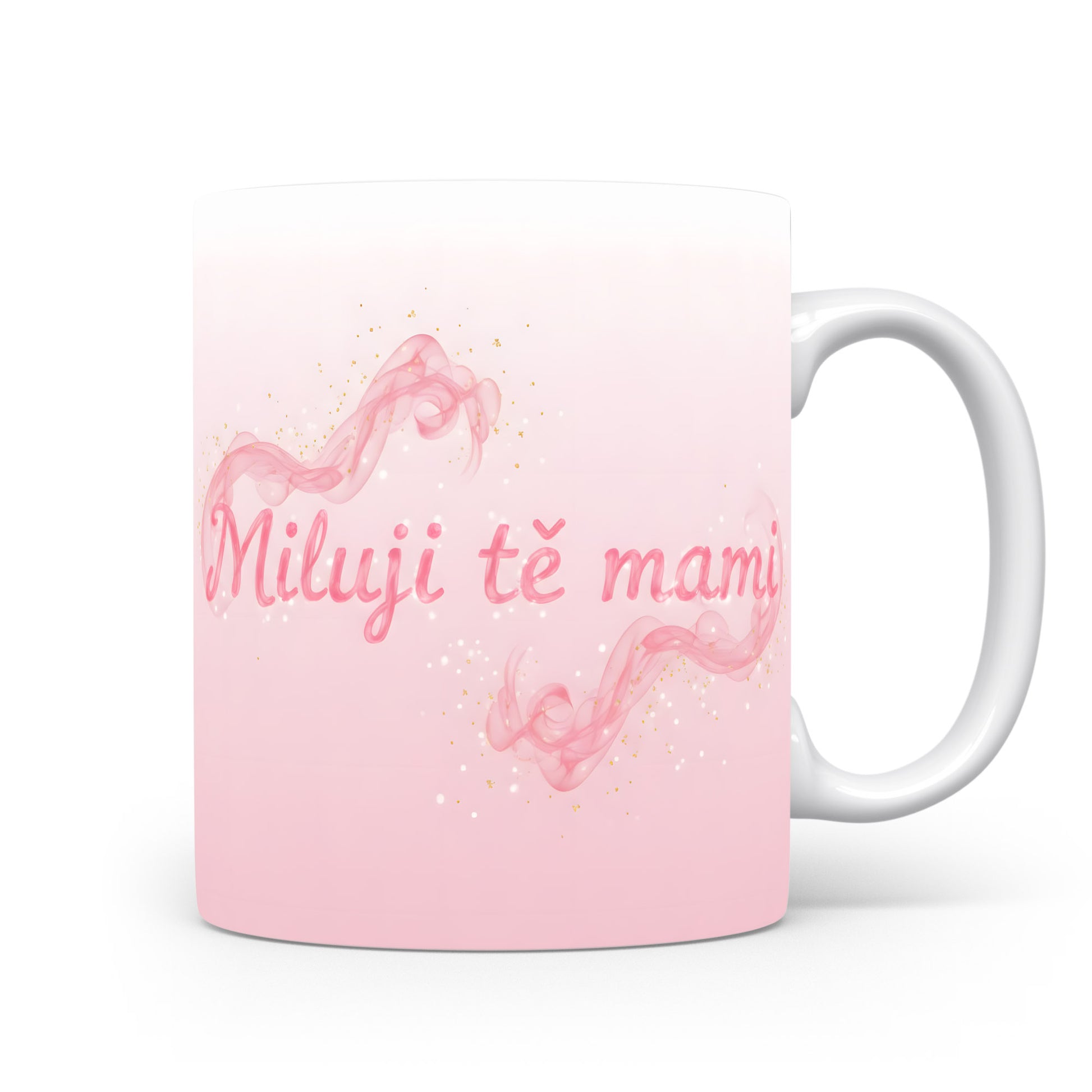 Hrnek Miluji tě mami – růžové vlny se zlatými třpytkami na jemném gradientu – varianta 11