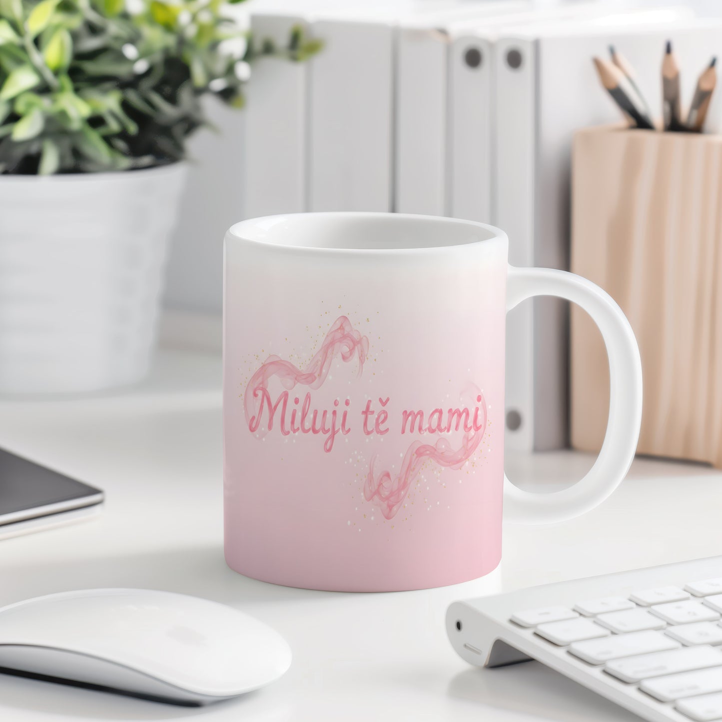 Hrnek Miluji tě mami – růžové vlny se zlatými třpytkami na jemném gradientu – varianta 77