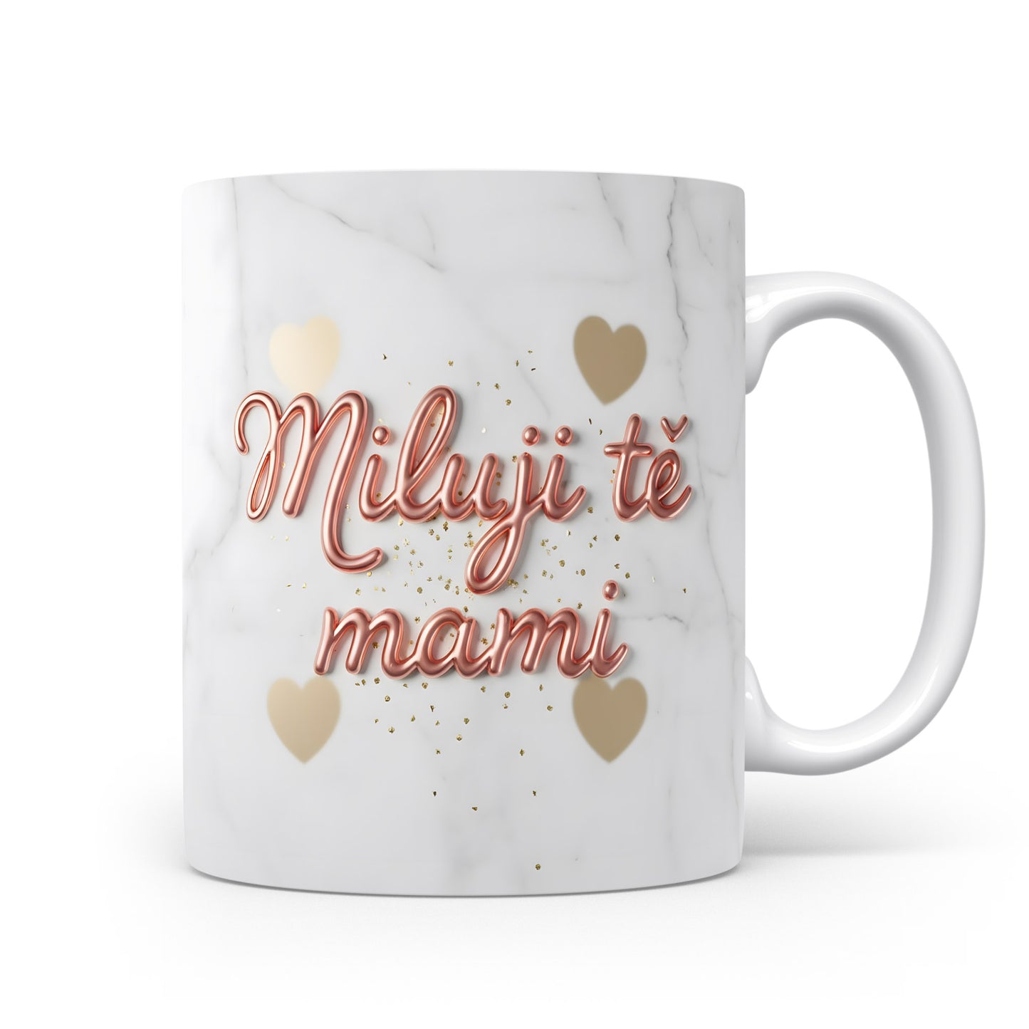 Hrnek Miluji tě mami – zlatá srdíčka na mramorovém pozadí – varianta 11