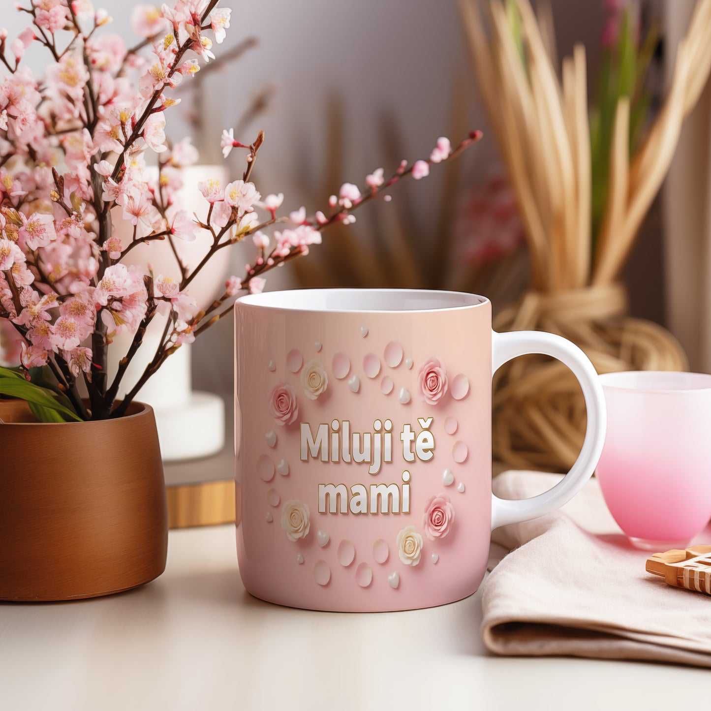 Hrnek Miluji tě mami – něžné růže a srdíčka na pastelovém pozadí – varianta 55