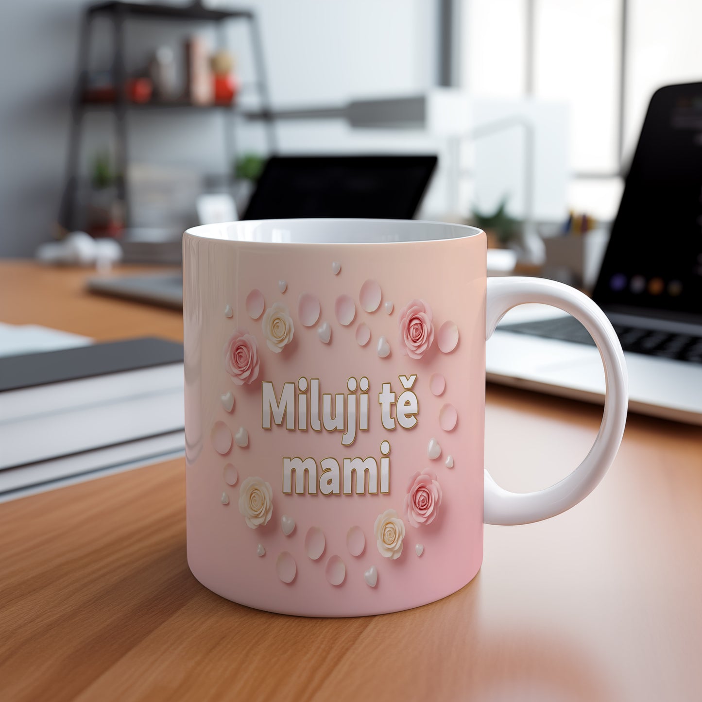 Hrnek Miluji tě mami – něžné růže a srdíčka na pastelovém pozadí – varianta 88