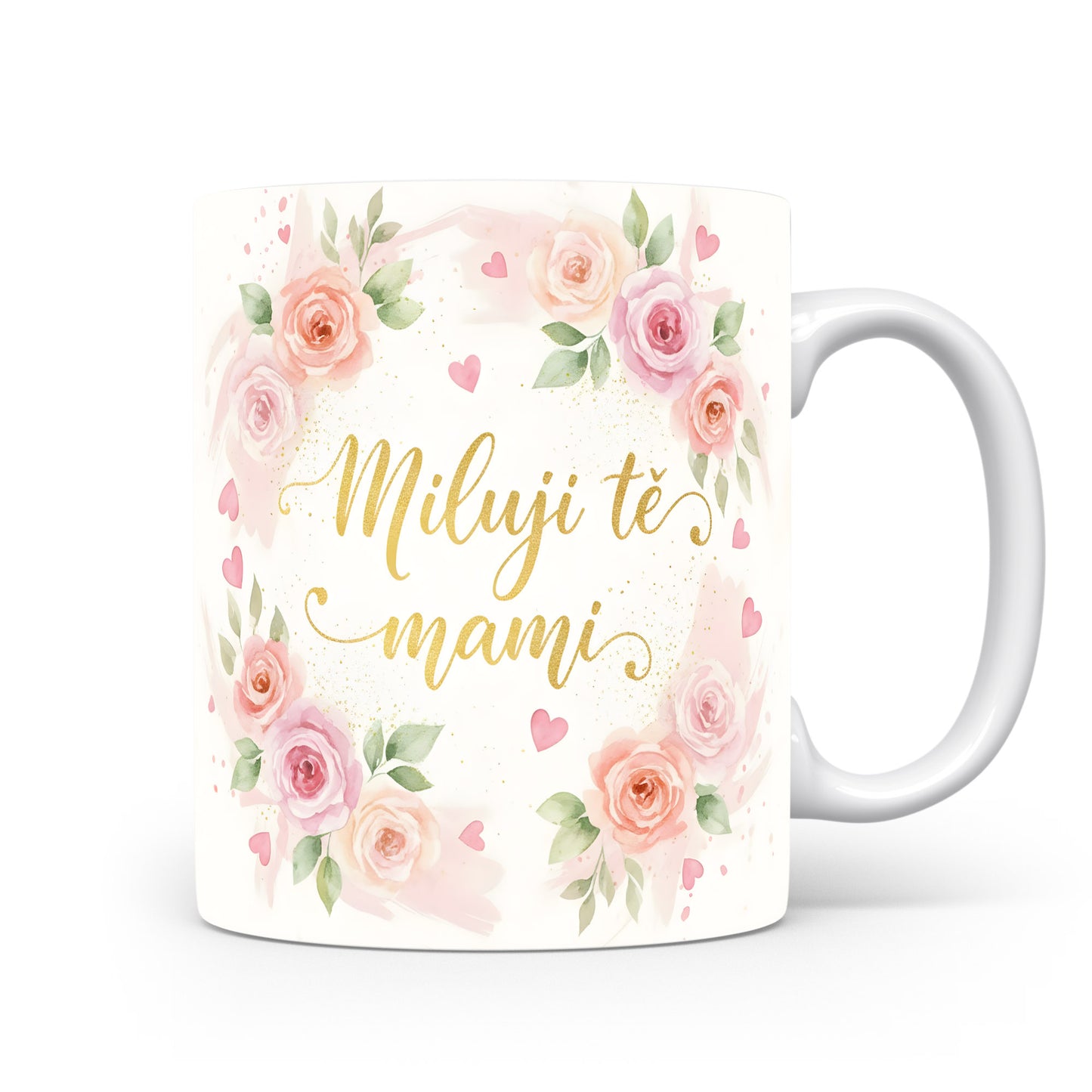 Hrnek Miluji tě mami – romantické růže s jemnými srdíčky – varianta 11