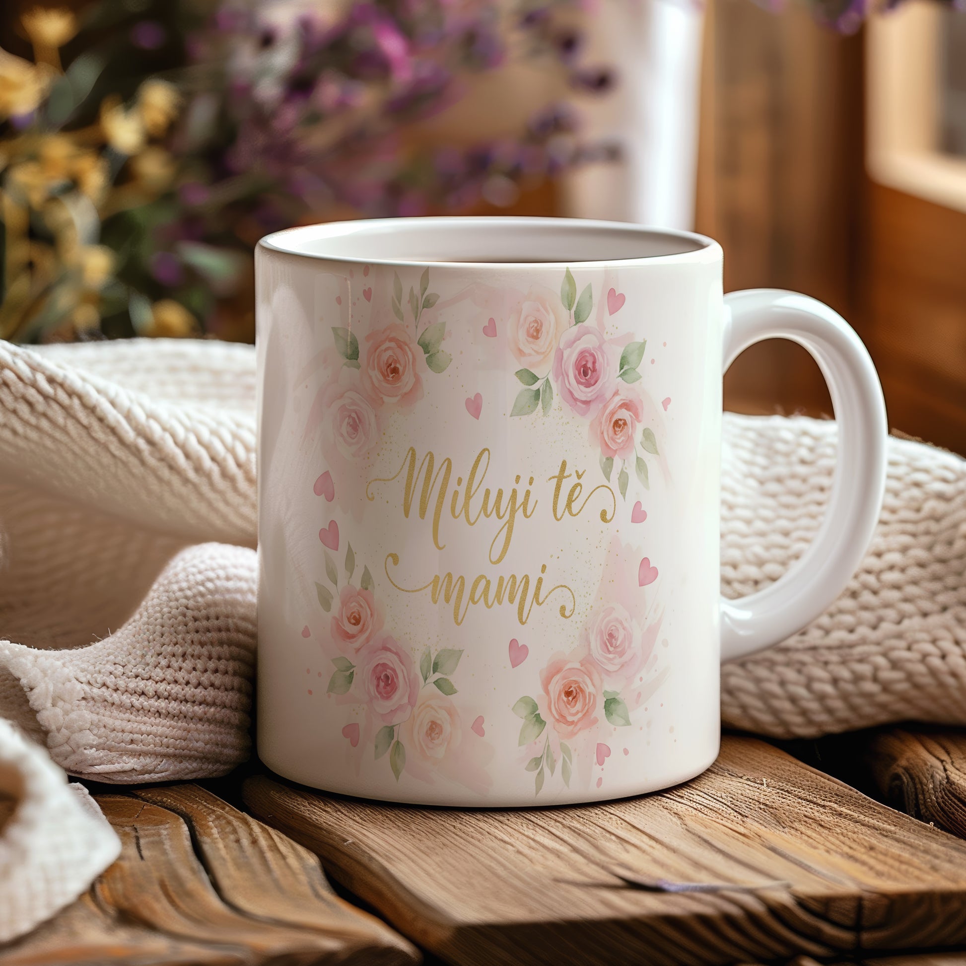 Hrnek Miluji tě mami – romantické růže s jemnými srdíčky – varianta 44