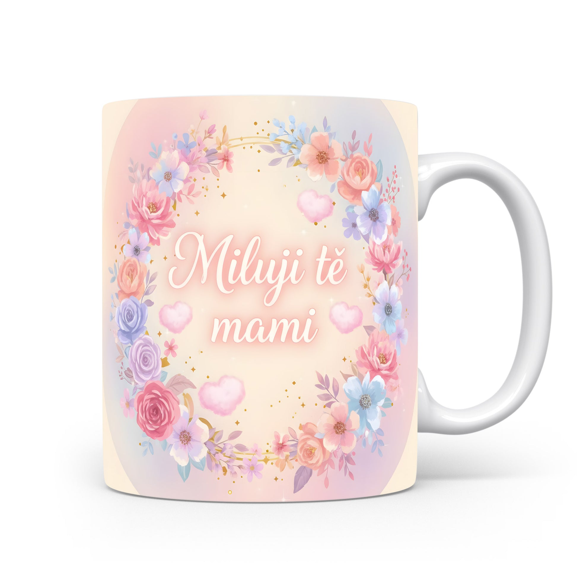 Hrnek Miluji tě mami – květinový věnec ve snové pastelové paletě – varianta 11