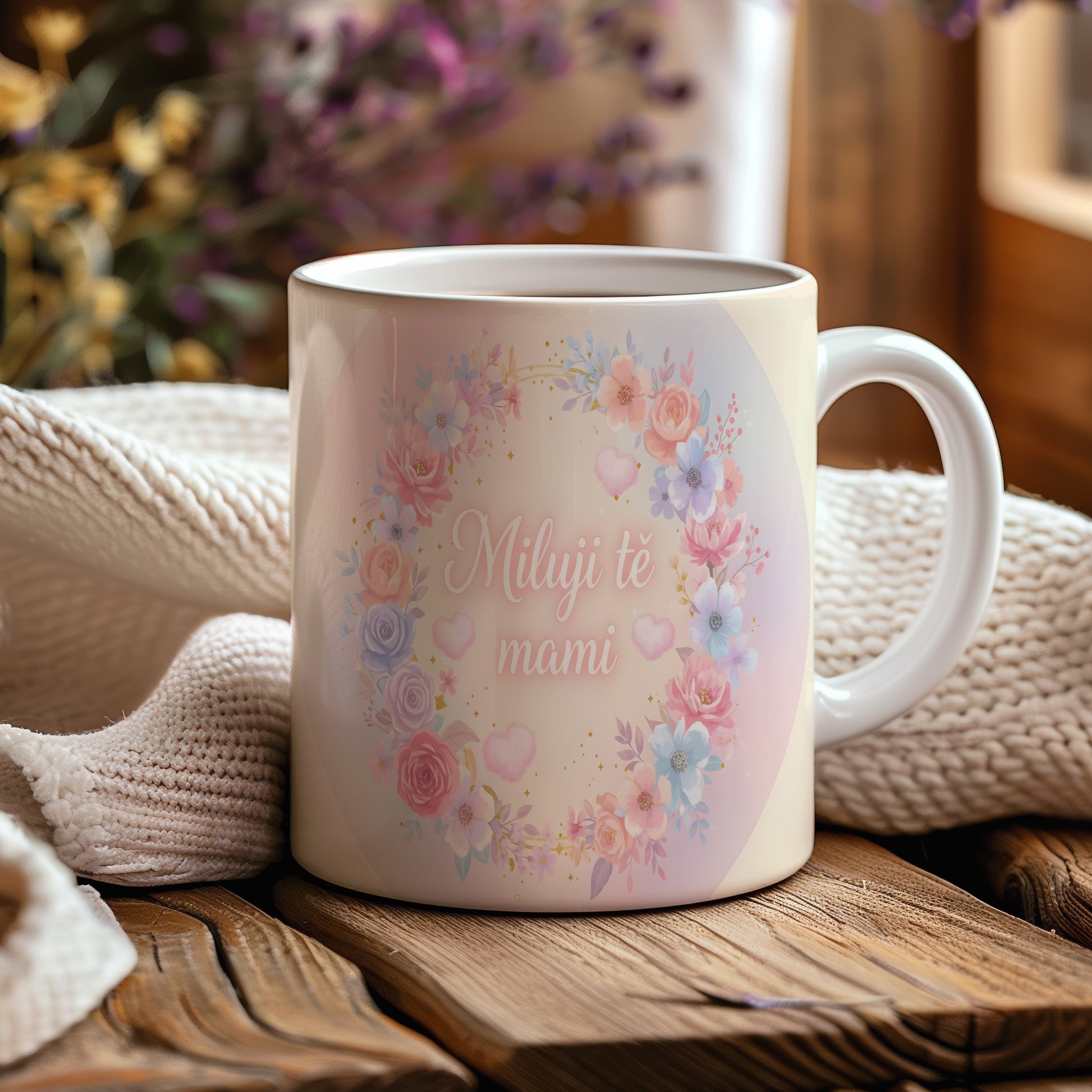 Hrnek Miluji tě mami – květinový věnec ve snové pastelové paletě – varianta 44