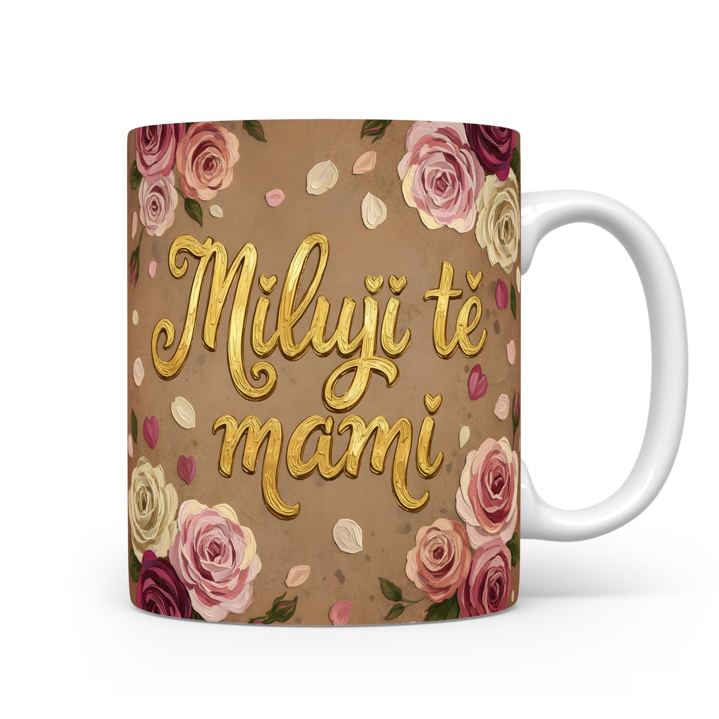 Hrnek Miluji tě mami – zlatý nápis s růžemi na pastelovém pozadí – varianta 11
