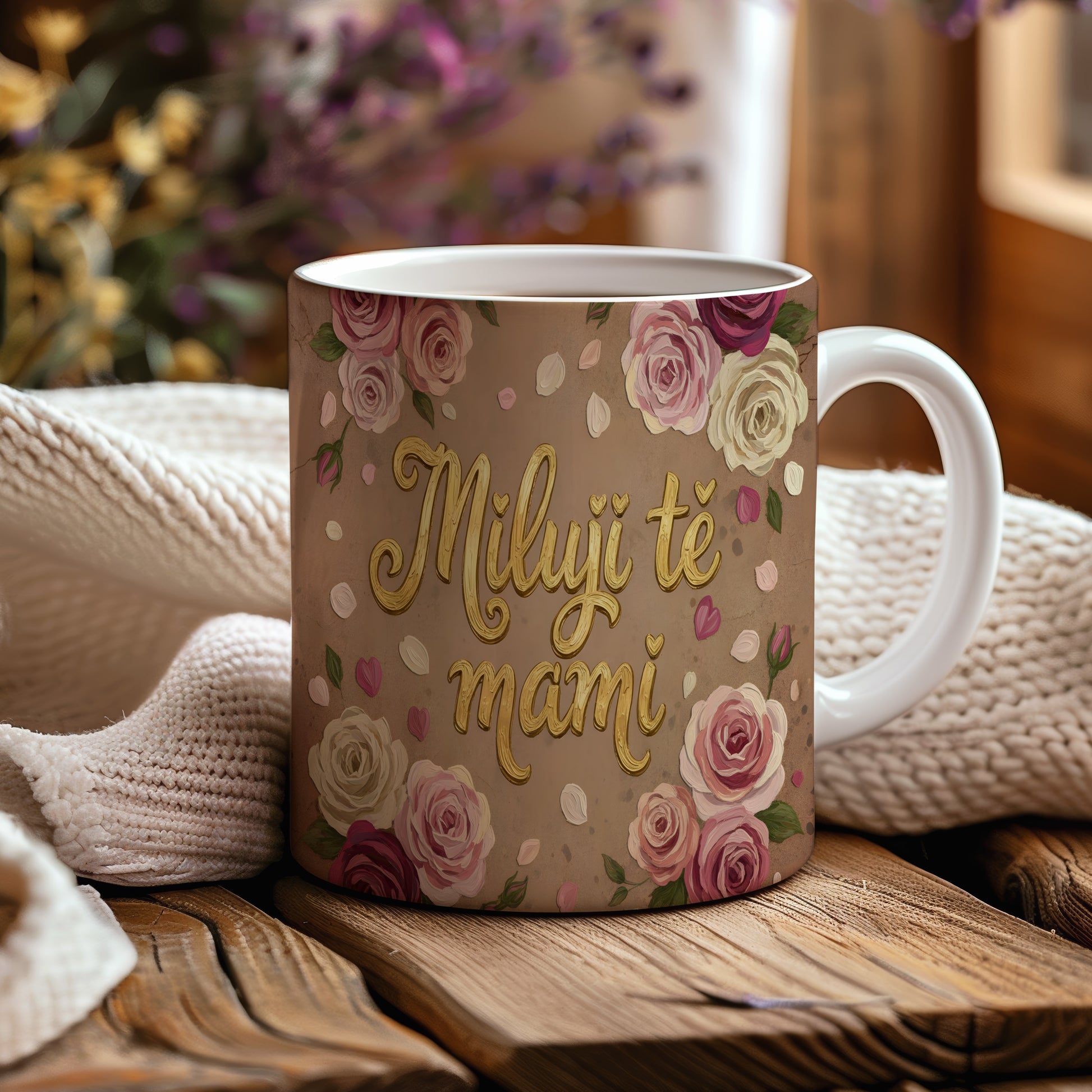 Hrnek Miluji tě mami – zlatý nápis s růžemi na pastelovém pozadí – varianta 44