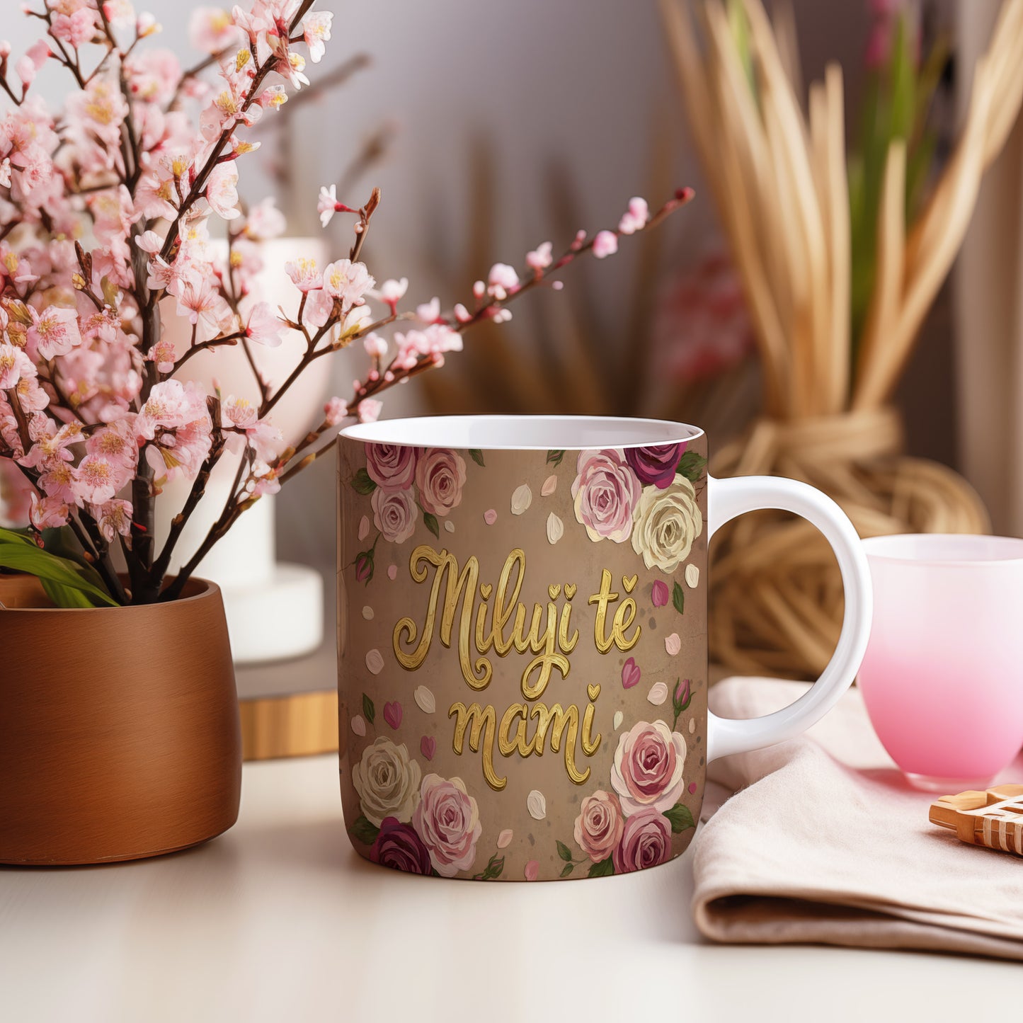 Hrnek Miluji tě mami – zlatý nápis s růžemi na pastelovém pozadí – varianta 55