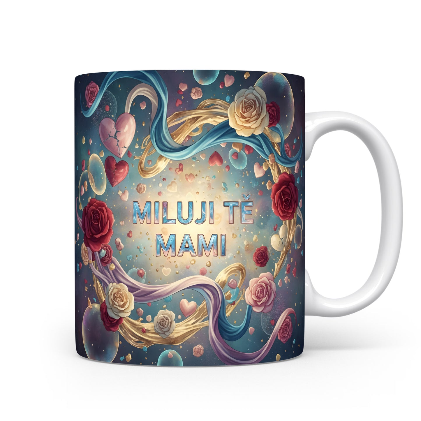 Hrnek Miluji tě mami – romantické růže a srdce v modrém snovém světě – varianta 11
