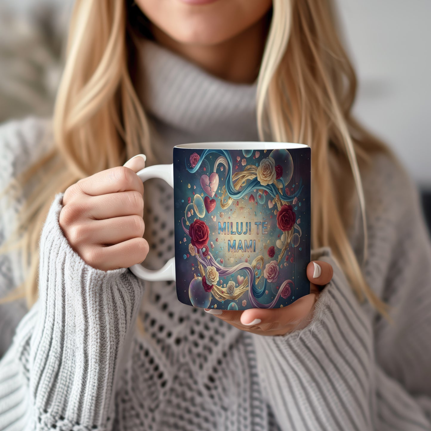 Hrnek Miluji tě mami – romantické růže a srdce v modrém snovém světě – varianta 22