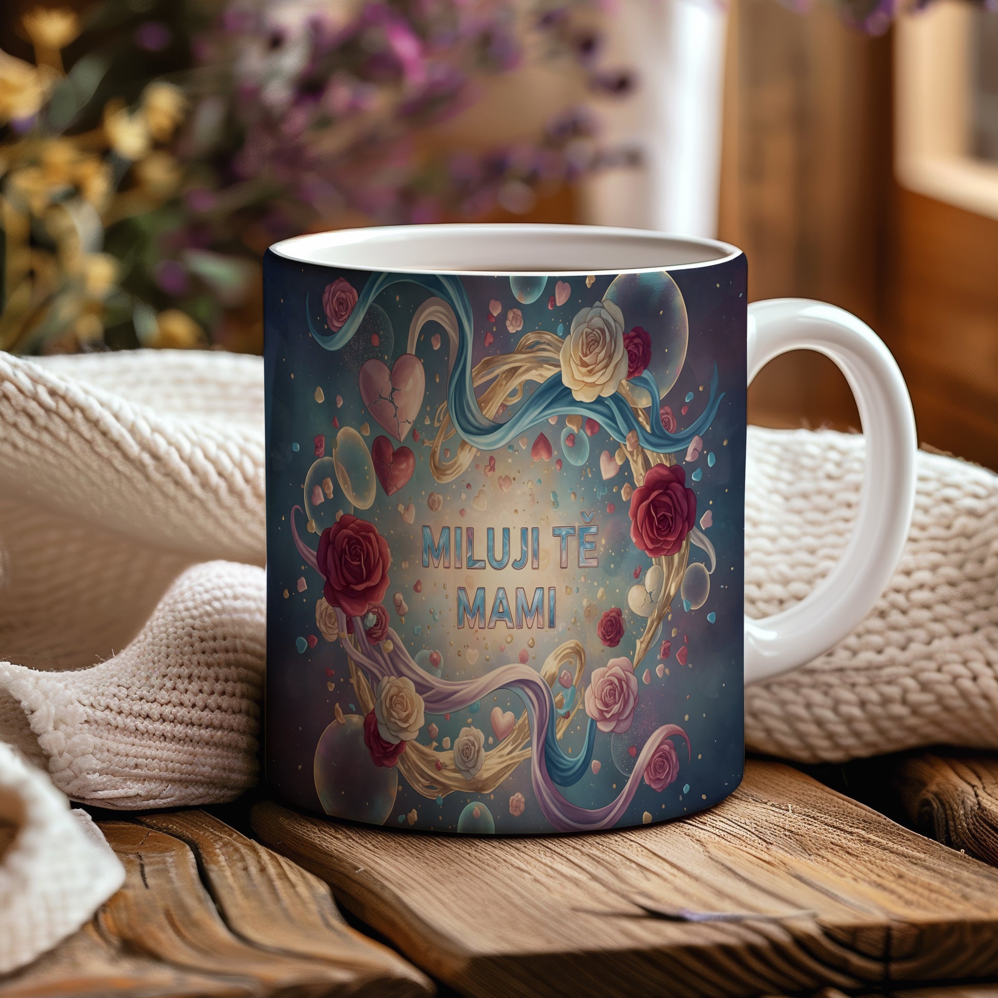 Hrnek Miluji tě mami – romantické růže a srdce v modrém snovém světě – varianta 44