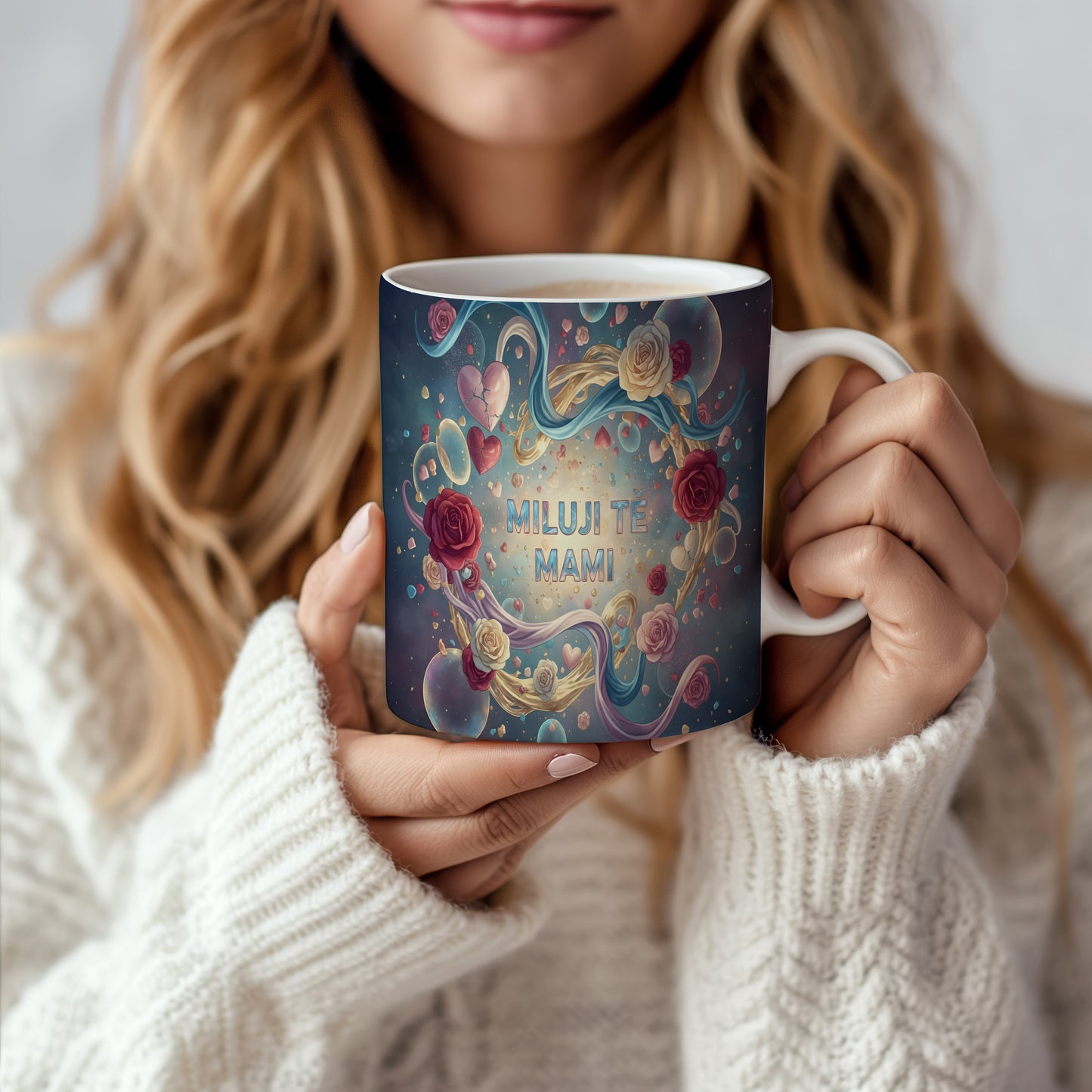 Hrnek Miluji tě mami – romantické růže a srdce v modrém snovém světě – varianta 66