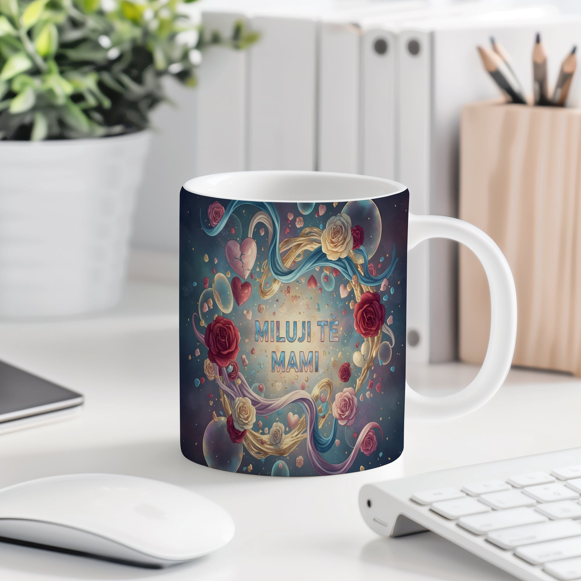 Hrnek Miluji tě mami – romantické růže a srdce v modrém snovém světě – varianta 77