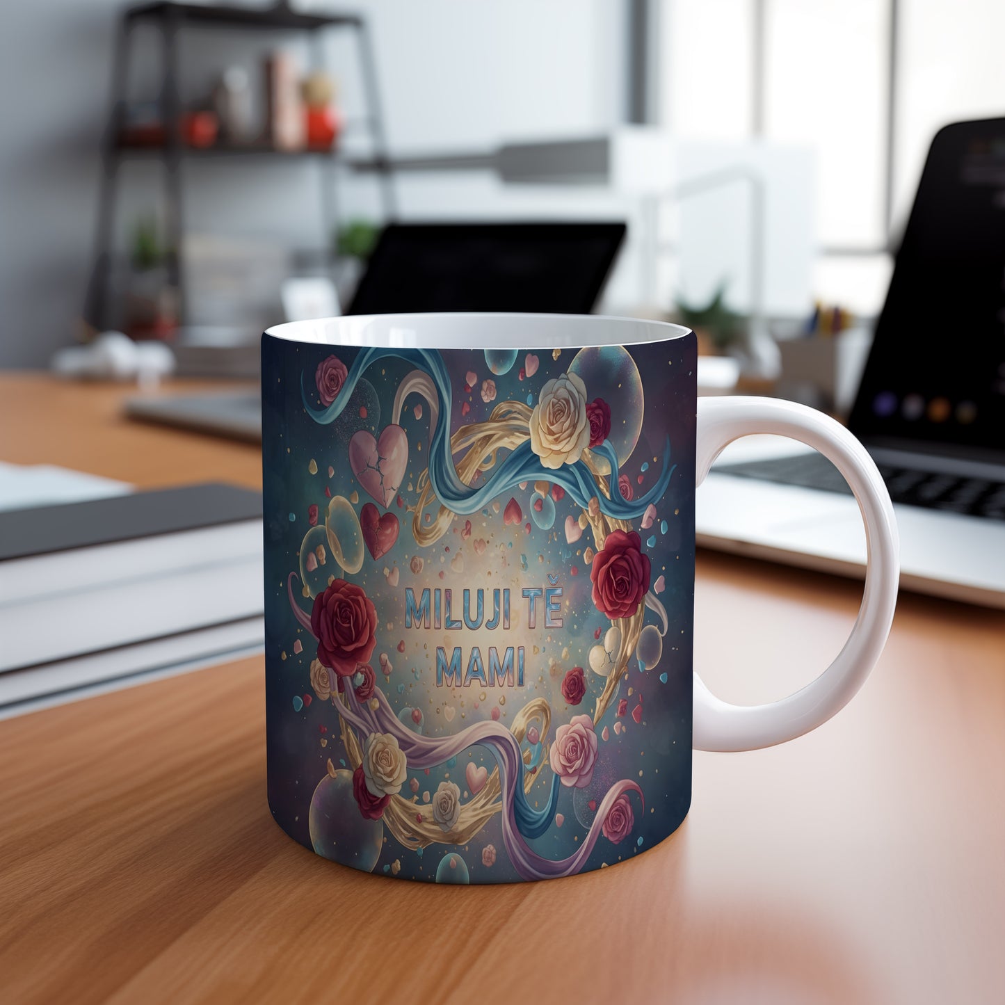 Hrnek Miluji tě mami – romantické růže a srdce v modrém snovém světě – varianta 88