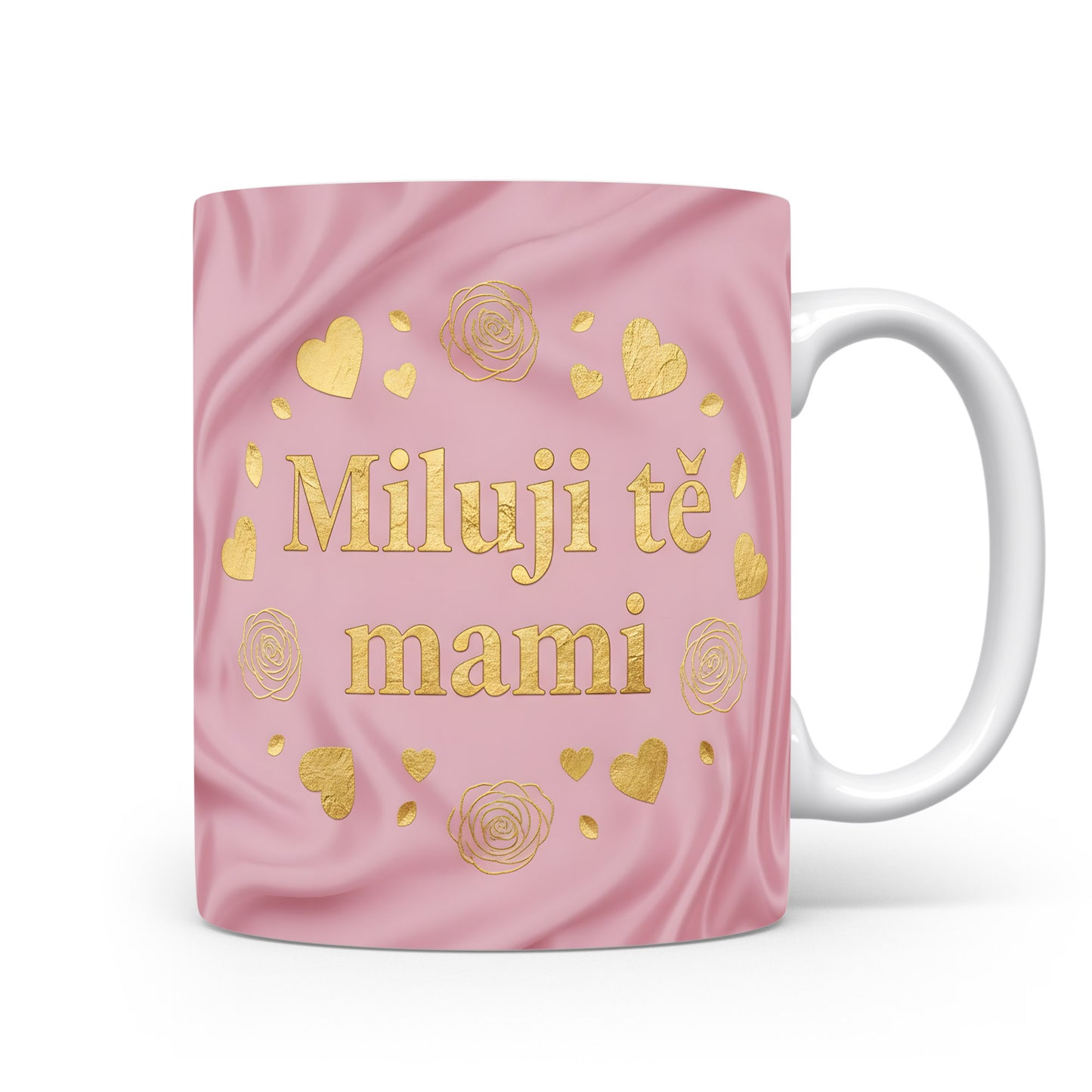 Hrnek Miluji tě mami – zlaté srdce na růžovém hedvábí – varianta 11