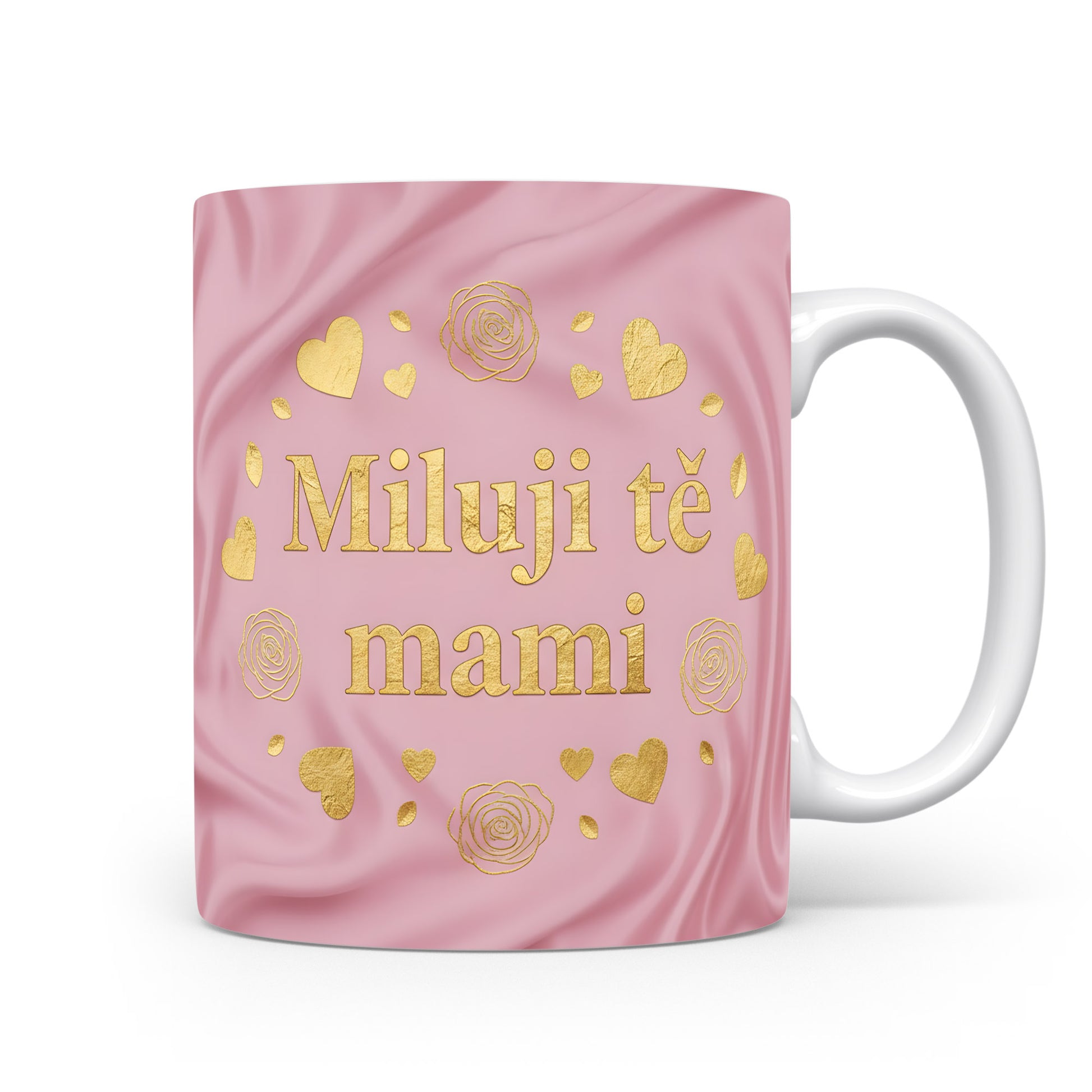 Hrnek Miluji tě mami – zlaté srdce na růžovém hedvábí – varianta 11