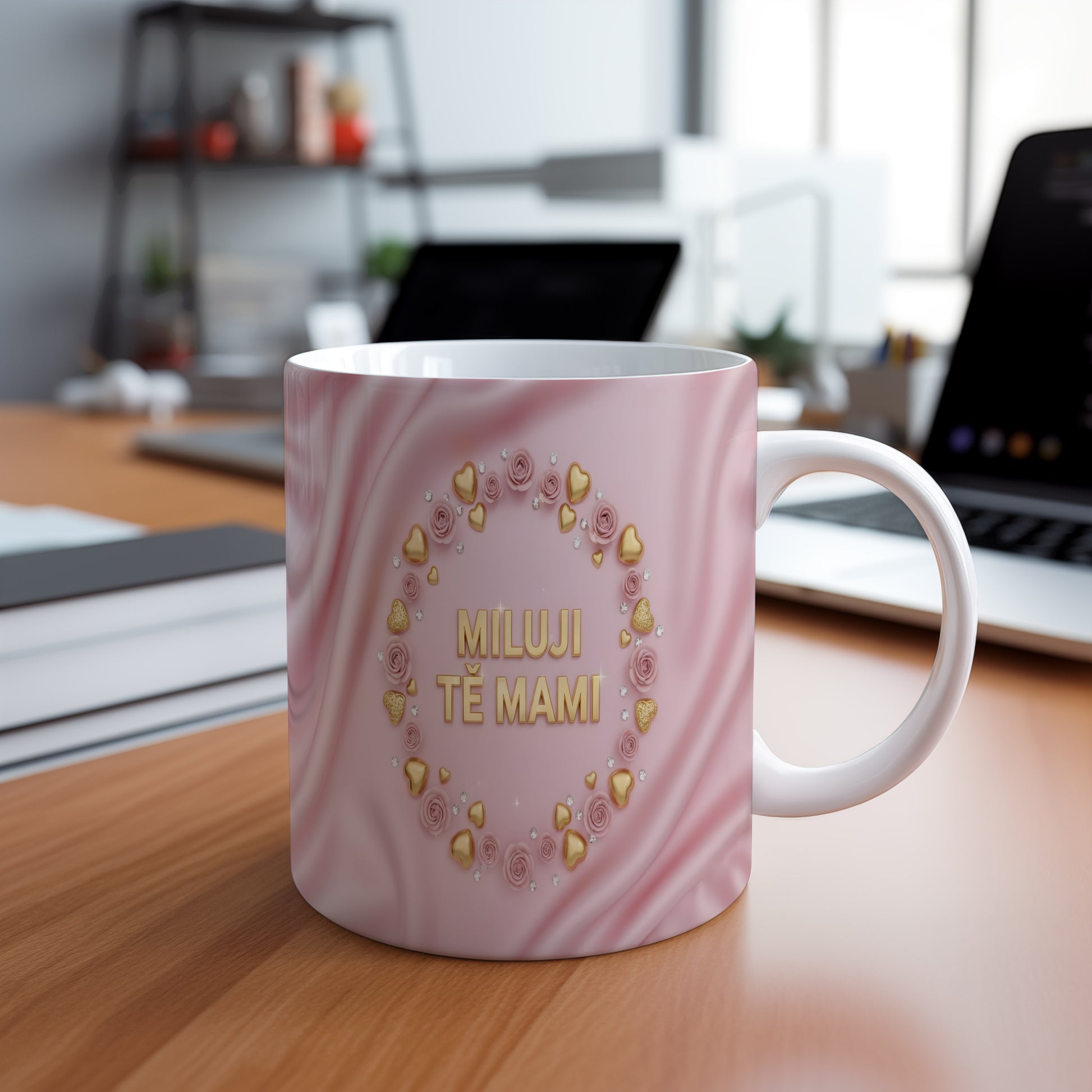 Hrnek Miluji tě mami – zlatá srdce a růže na hedvábném pozadí – varianta 88
