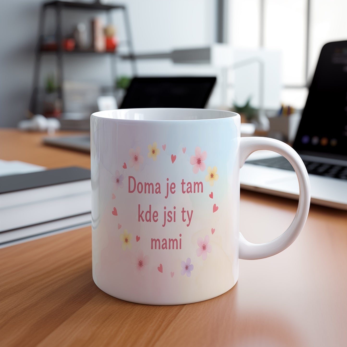 Hrnek Doma je tam kde jsi ty mami – pastelové květy a srdíčka na akvarelovém pozadí – varianta 88