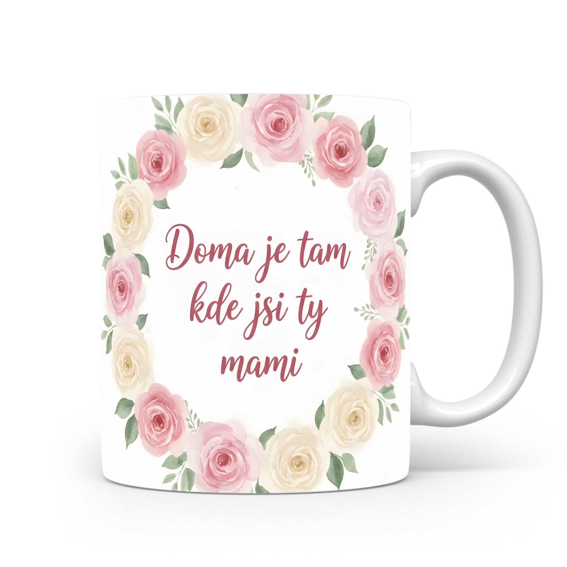 Hrnek Doma je tam kde jsi ty mami – romantický květinový věnec v jemných barvách – varianta 11