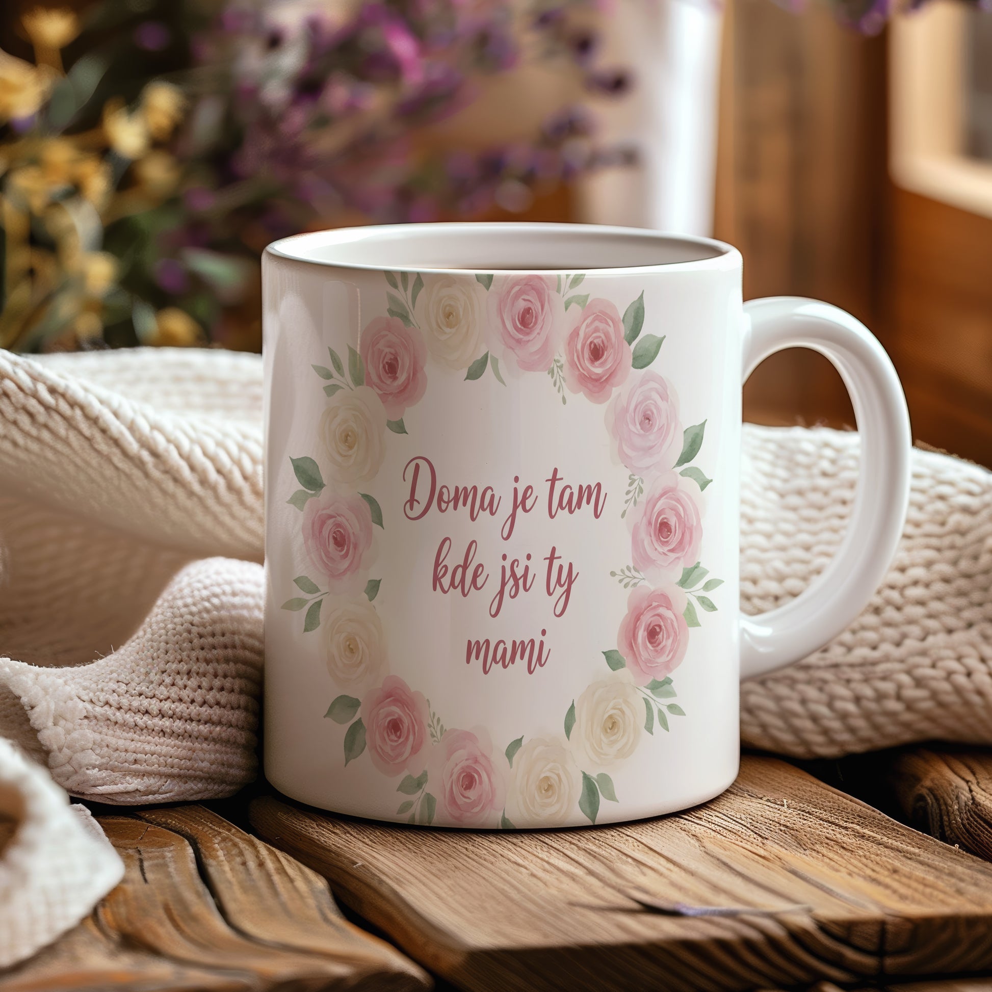 Hrnek Doma je tam kde jsi ty mami – romantický květinový věnec v jemných barvách – varianta 44