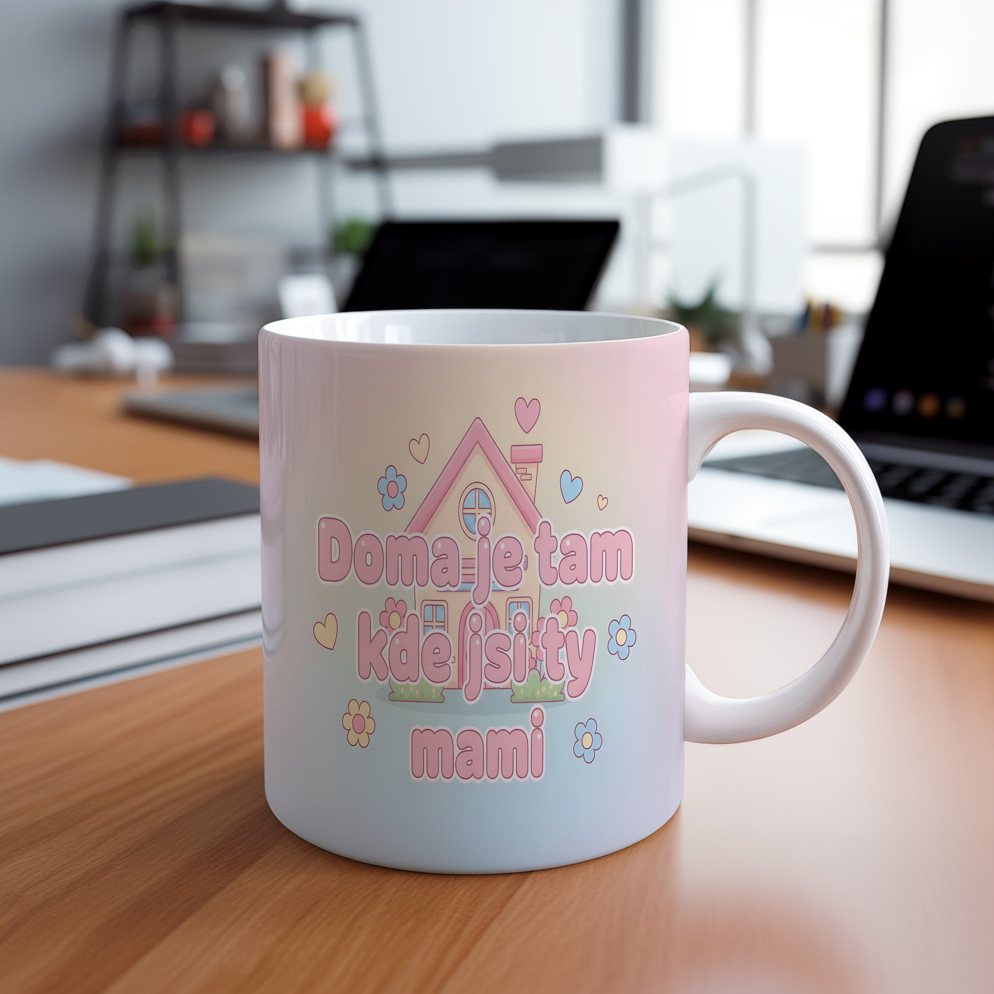 Hrnek Doma je tam kde jsi ty mami – pastelový domeček a srdíčka – varianta 88
